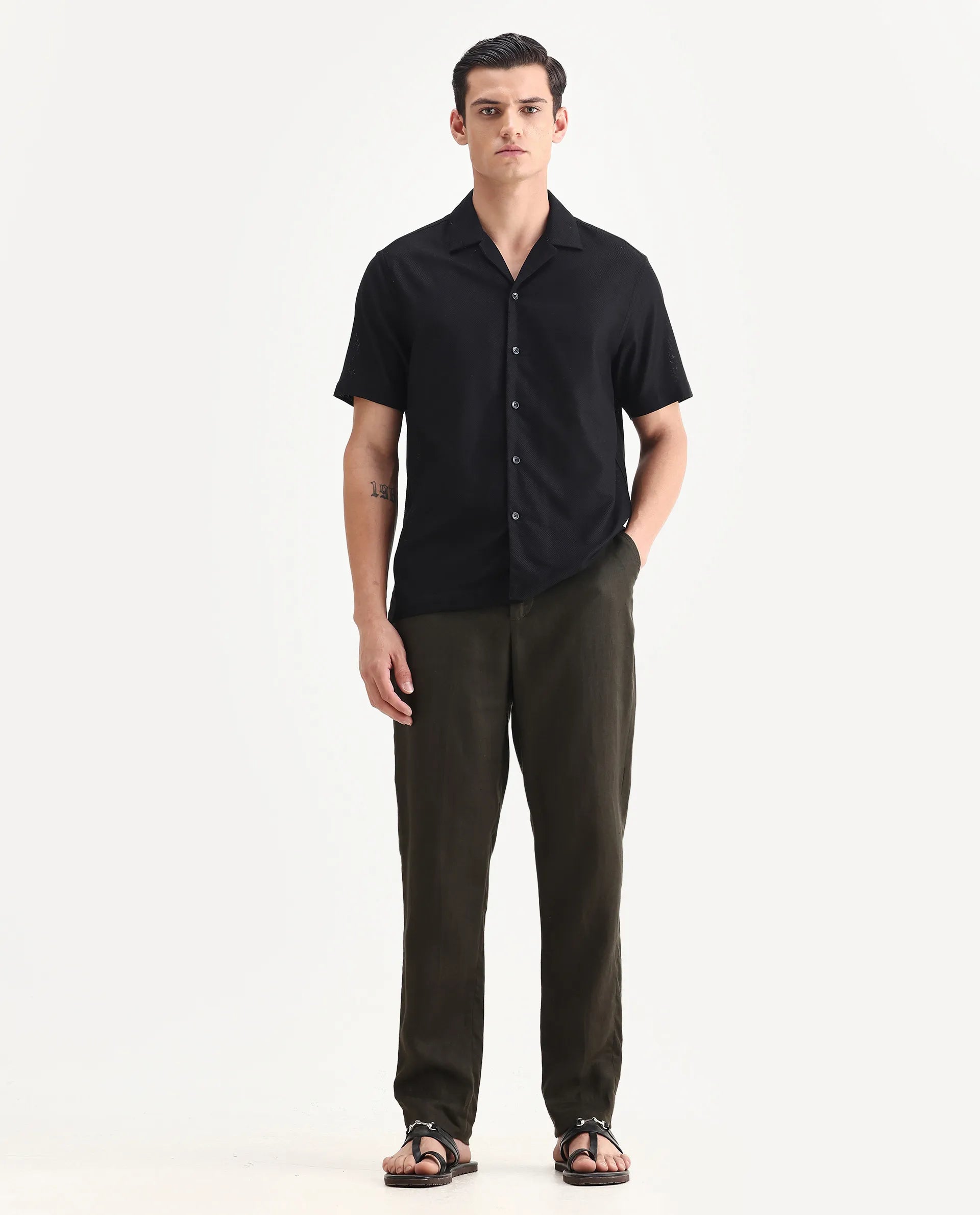 Rare Rabbit Men's Sirayo Black Cotton Blend Plain Boxy Fit Half Sleeve Cuban Collar Shirt