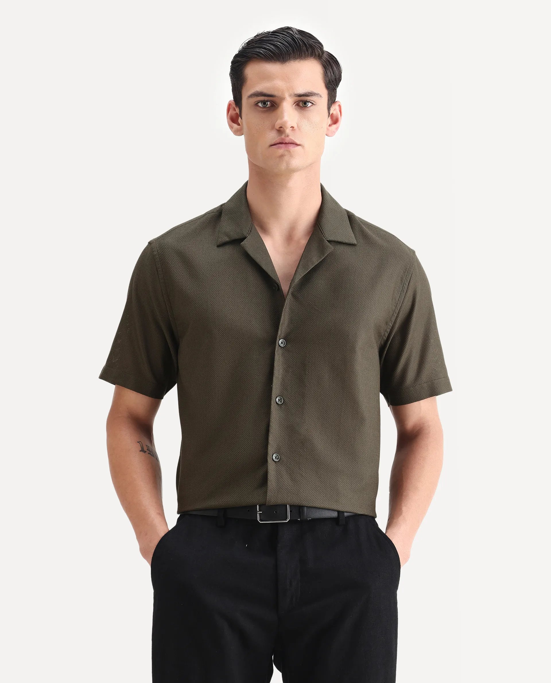 Rare Rabbit Men's Sirayo Dark Olive Cotton Blend Plain Boxy Fit Half Sleeve Cuban Collar Shirt