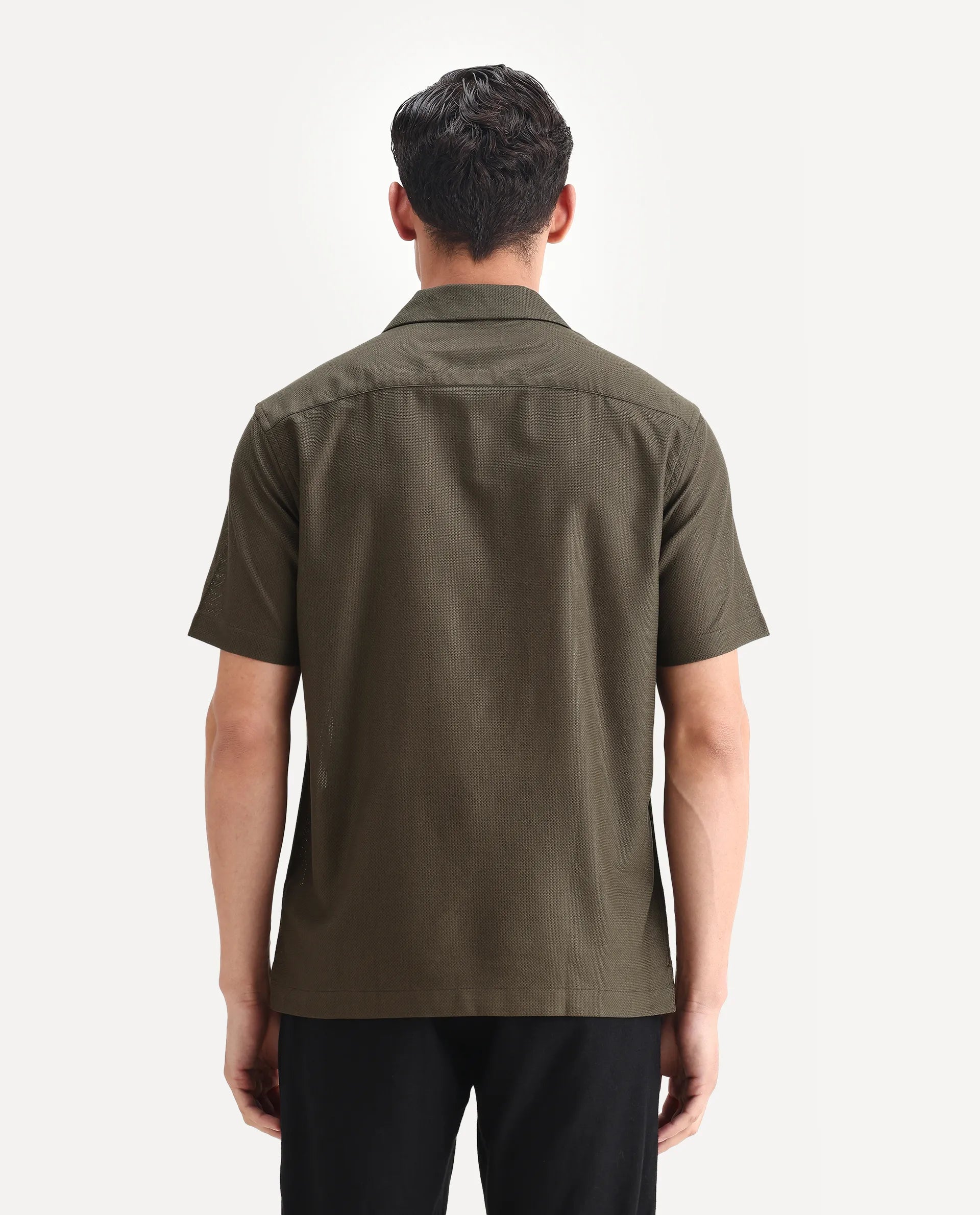 Rare Rabbit Men's Sirayo Dark Olive Cotton Blend Plain Boxy Fit Half Sleeve Cuban Collar Shirt