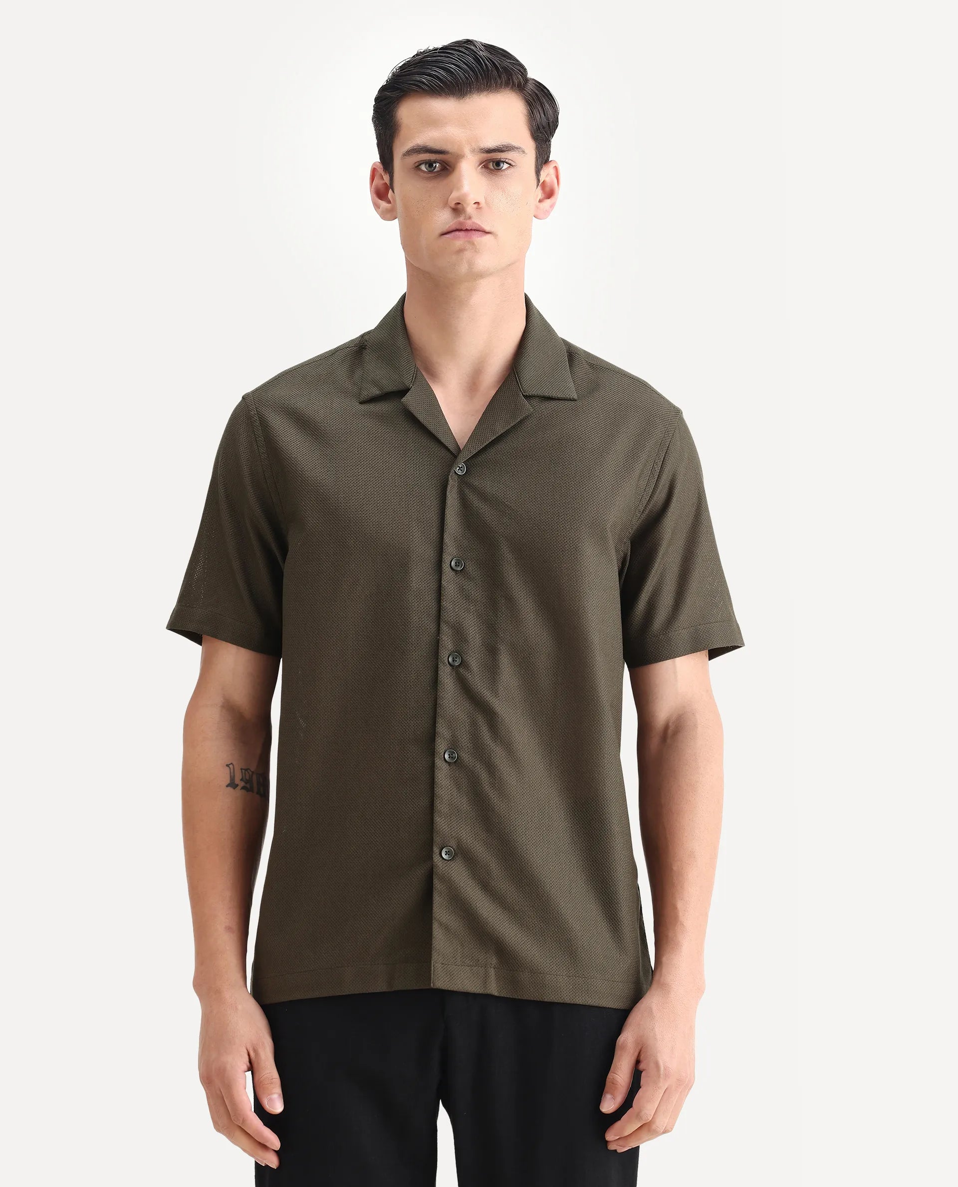 Rare Rabbit Men's Sirayo Dark Olive Cotton Blend Plain Boxy Fit Half Sleeve Cuban Collar Shirt