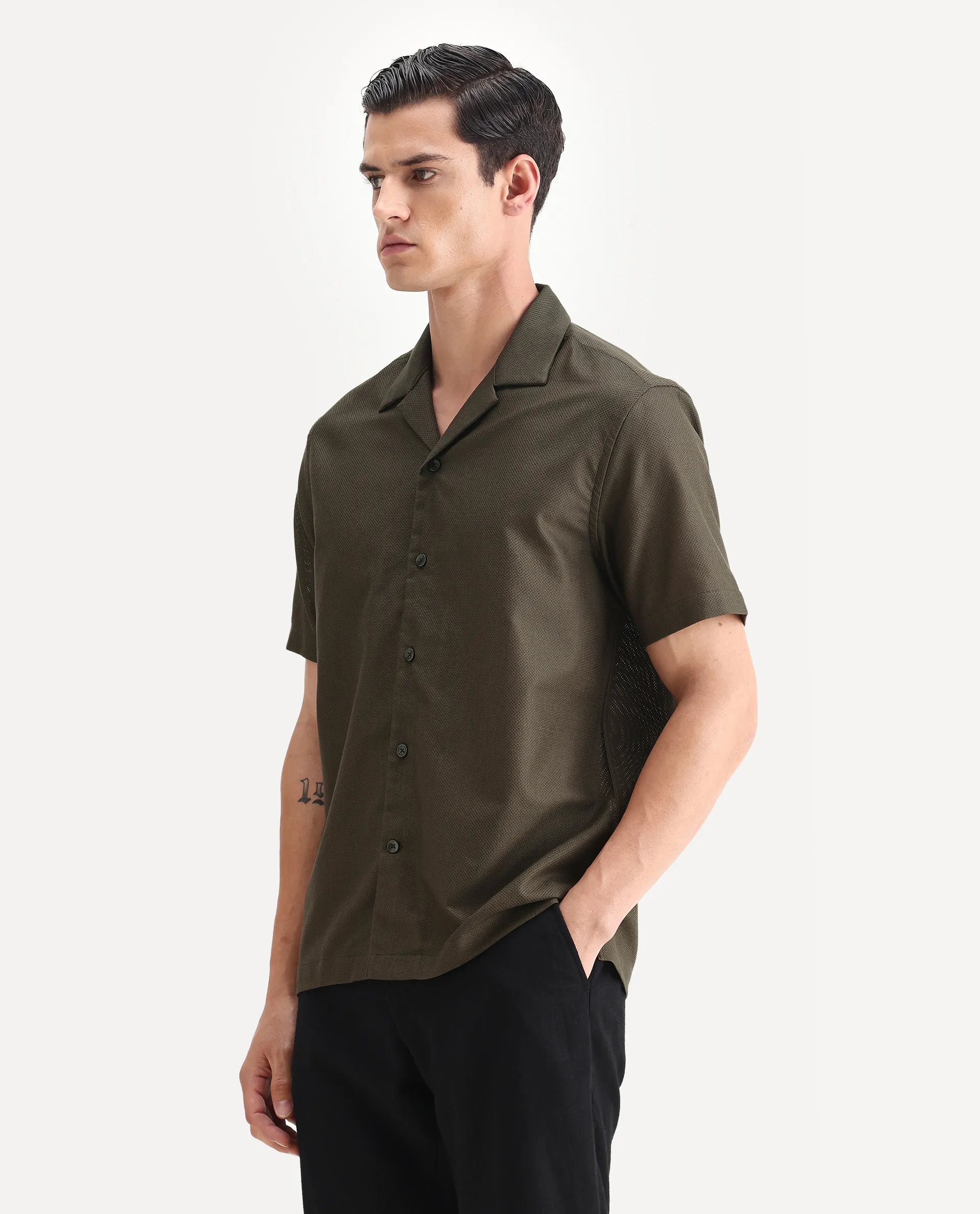 Rare Rabbit Men's Sirayo Dark Olive Cotton Blend Plain Boxy Fit Half Sleeve Cuban Collar Shirt