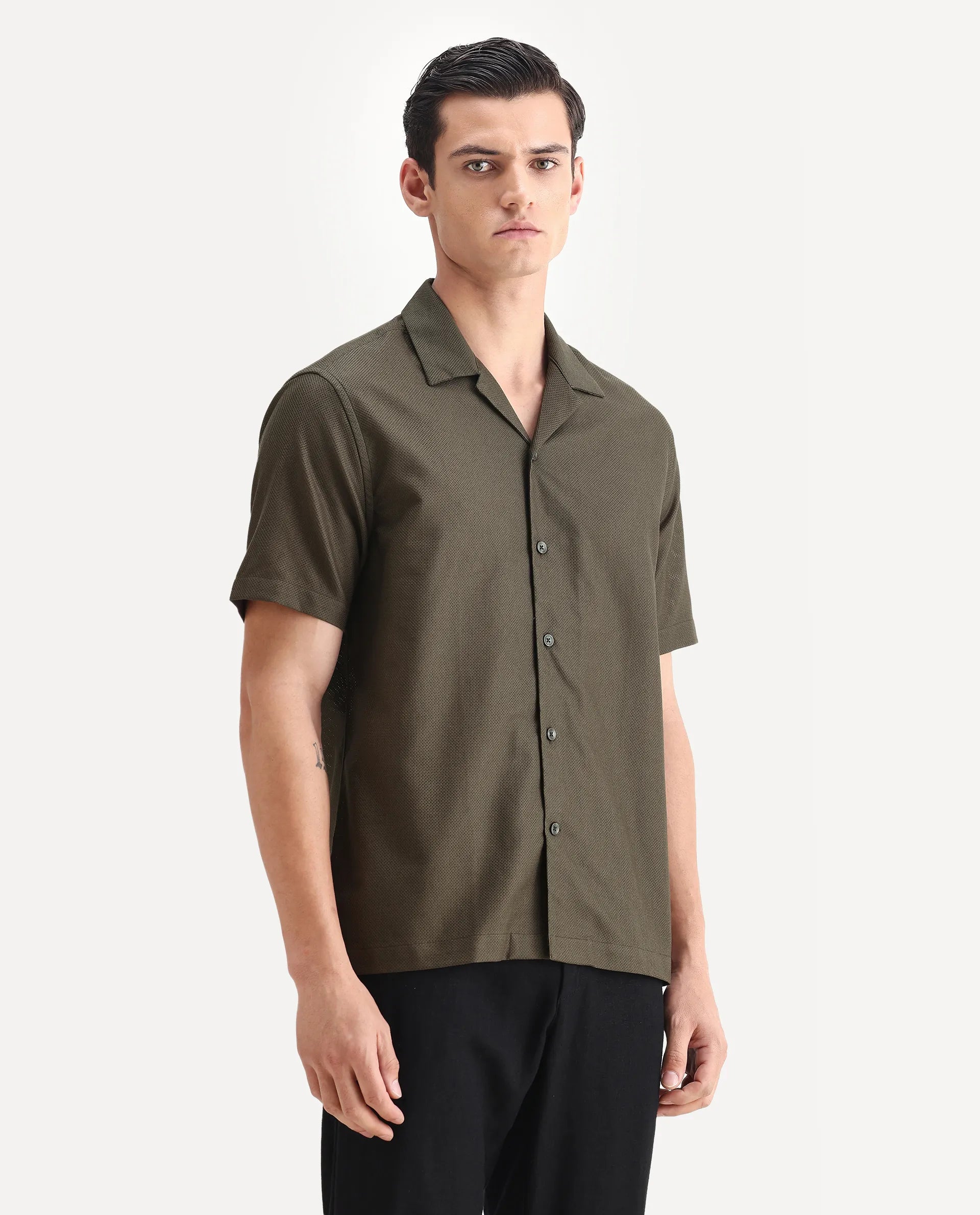 Rare Rabbit Men's Sirayo Dark Olive Cotton Blend Plain Boxy Fit Half Sleeve Cuban Collar Shirt