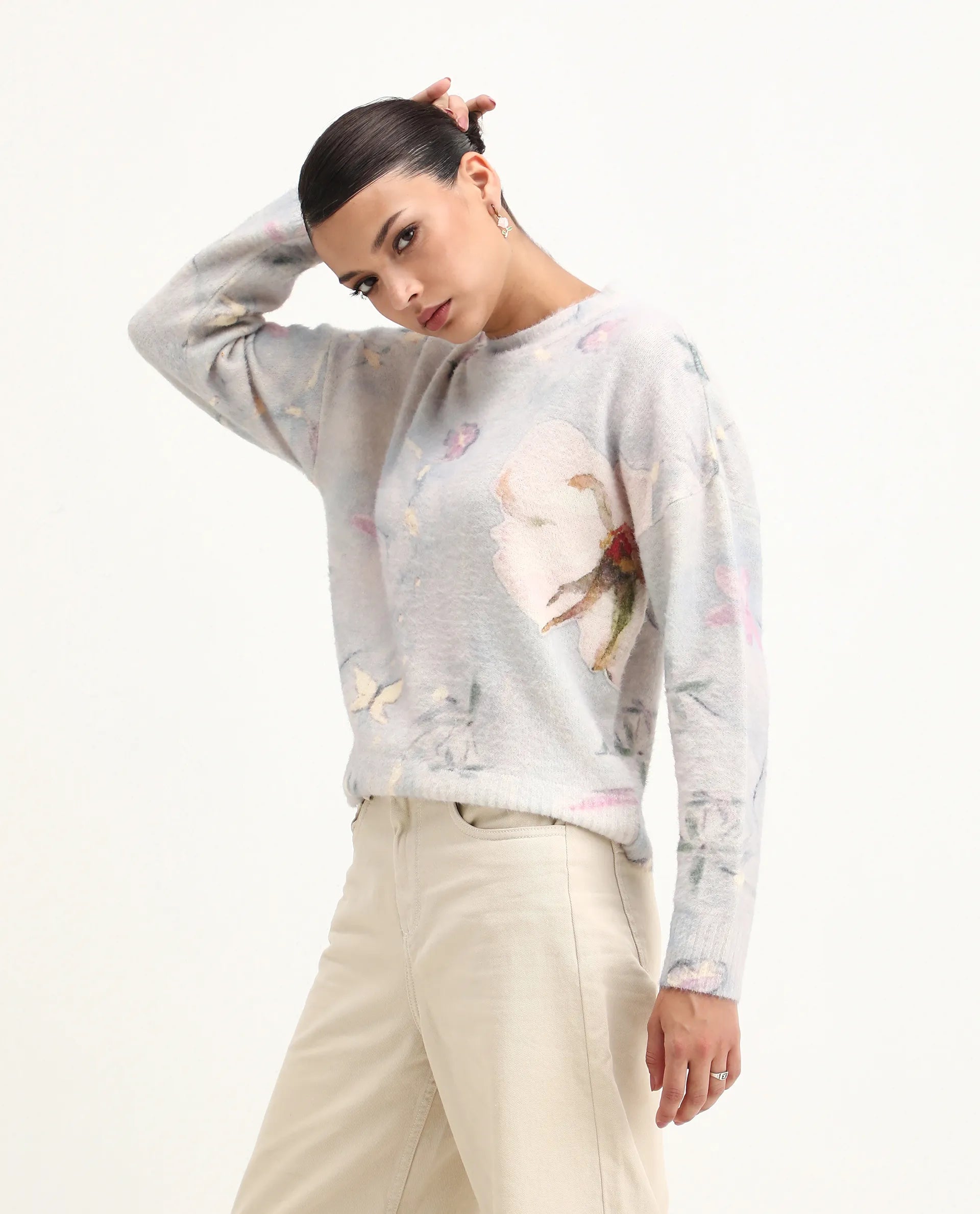 Rareism Women's Siriko Light Multi Acrylic Blend Crew Neck Floral Print Relaxed Fit Sweater