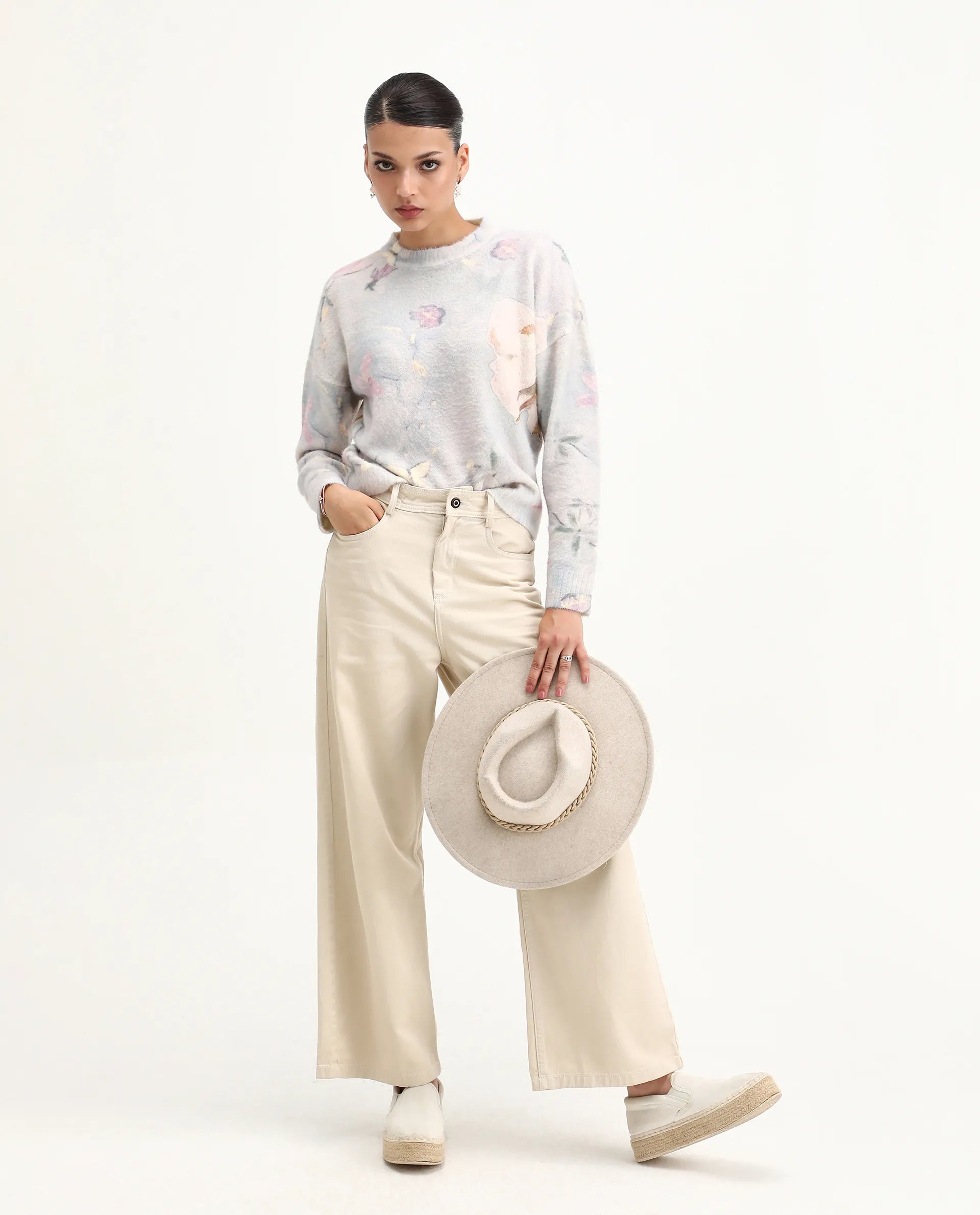 Rareism Women's Siriko Light Multi Acrylic Blend Crew Neck Floral Print Relaxed Fit Sweater