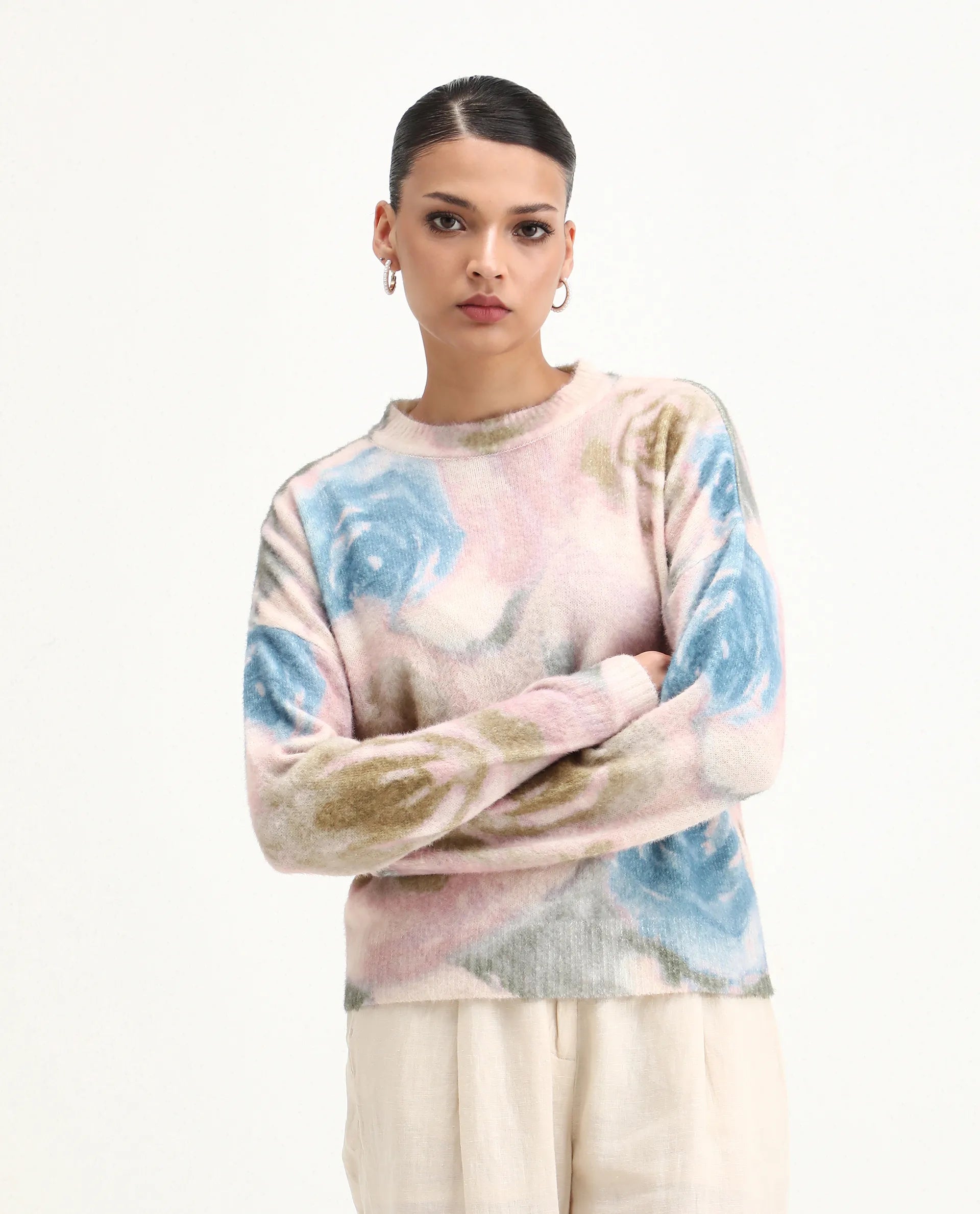 Rareism Women's Siril Dusky Multi Acrylic Blend Crew Neck Relaxed Fit Sweater