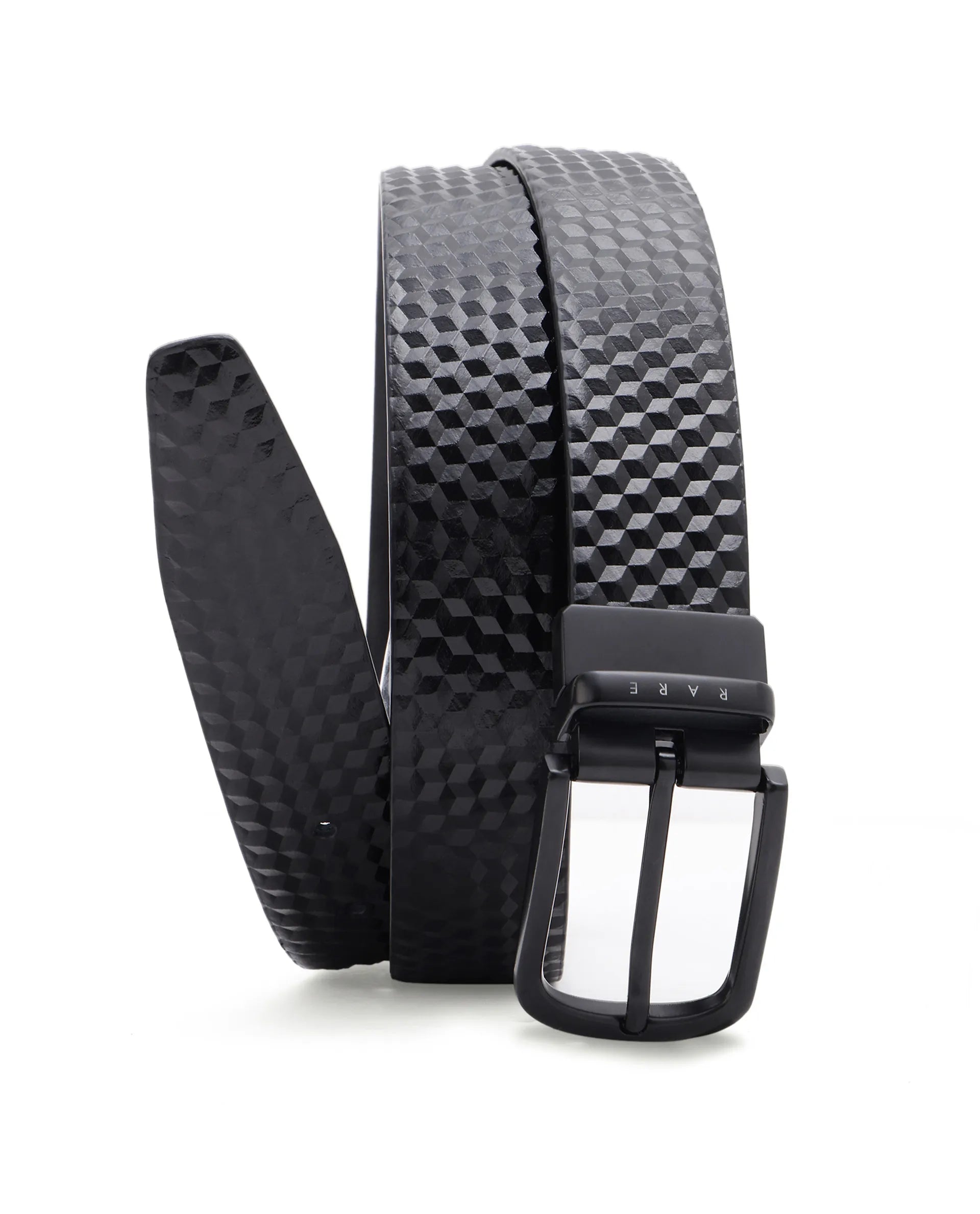 Rare Rabbit Men's Sirius Black Reversible Textured Pattern Genuine Leather Belt