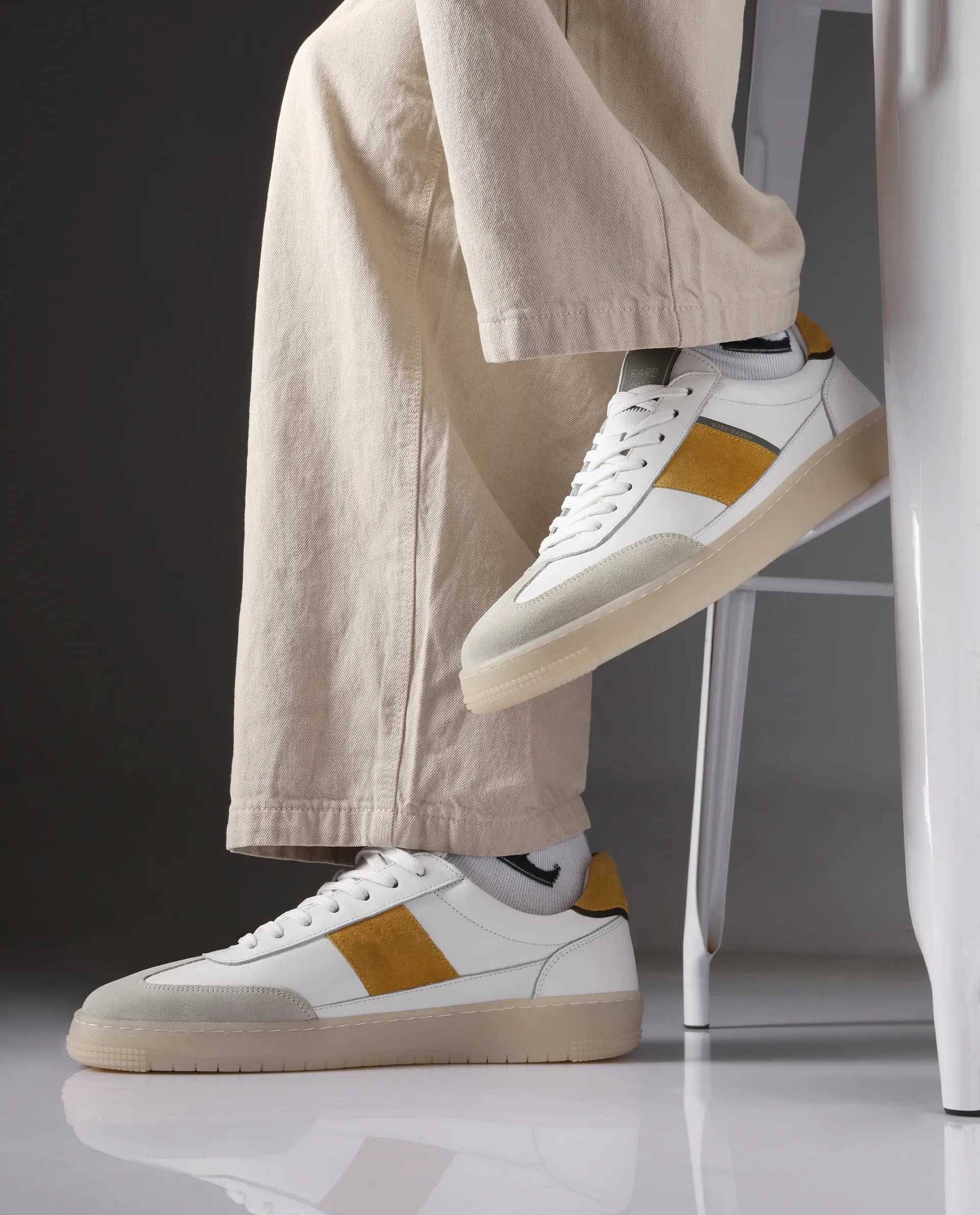 Rare Rabbit Men's Sirius Mustard Suede And Leather Upper Round Toe Low-Top Lace-Up Sneaker Shoes