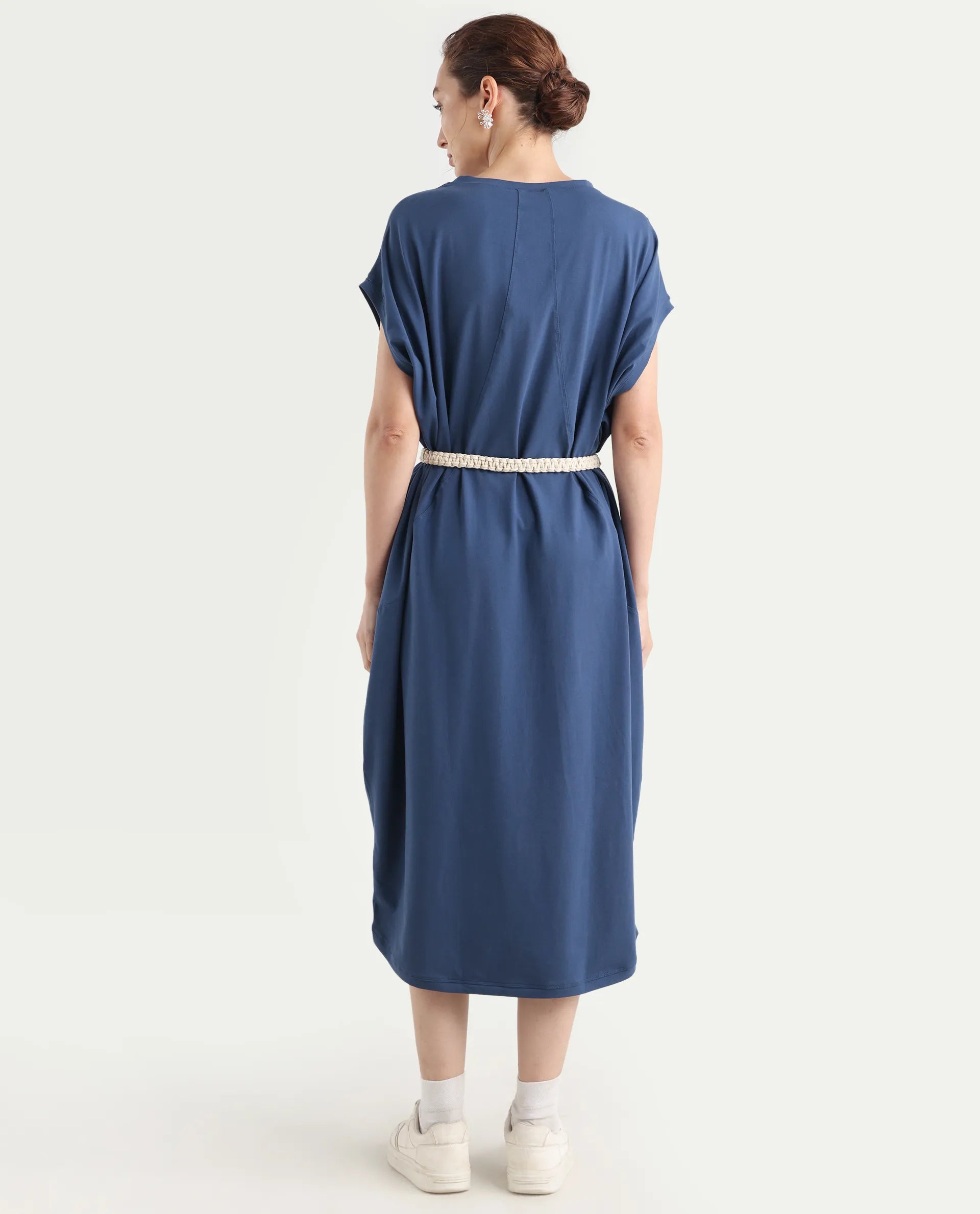 Rareism Women's Siriyo Dark Blue Cotton Crew Neck Plain Extended Sleeves Maxi Relaxed Fit Dress