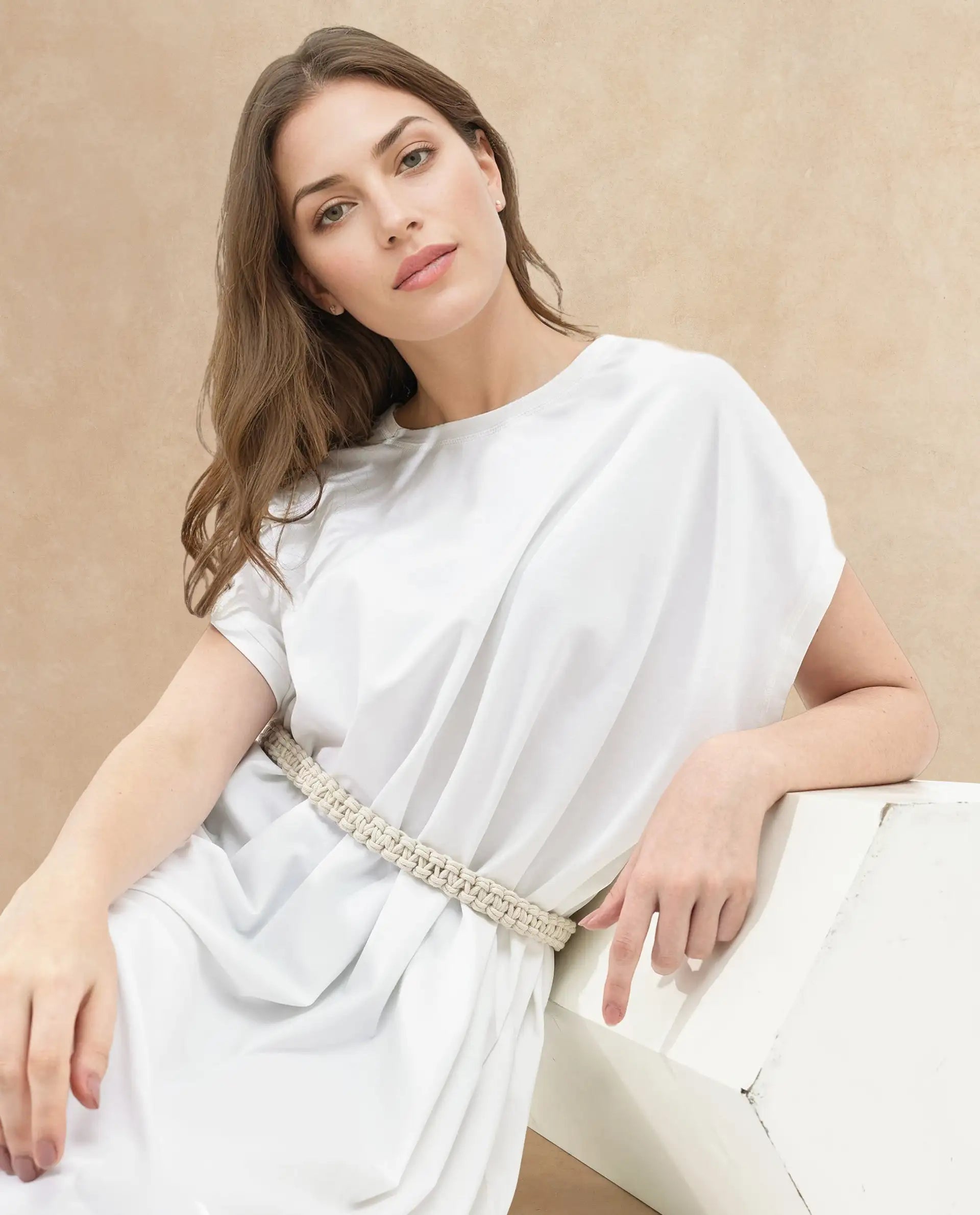 Rareism Women's Siriyo Off White Cotton Crew Neck Plain Extended Sleeves Midi Relaxed Fit Dress