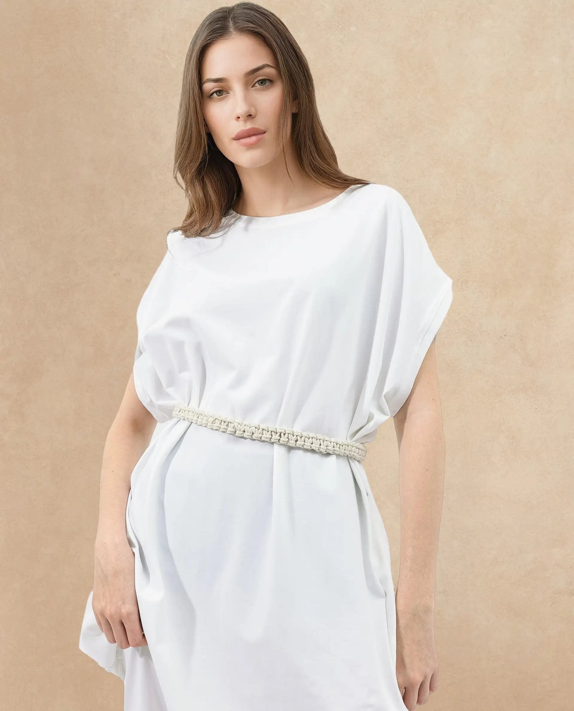 Rareism Women's Siriyo Off White Cotton Crew Neck Plain Extended Sleeves Midi Relaxed Fit Dress