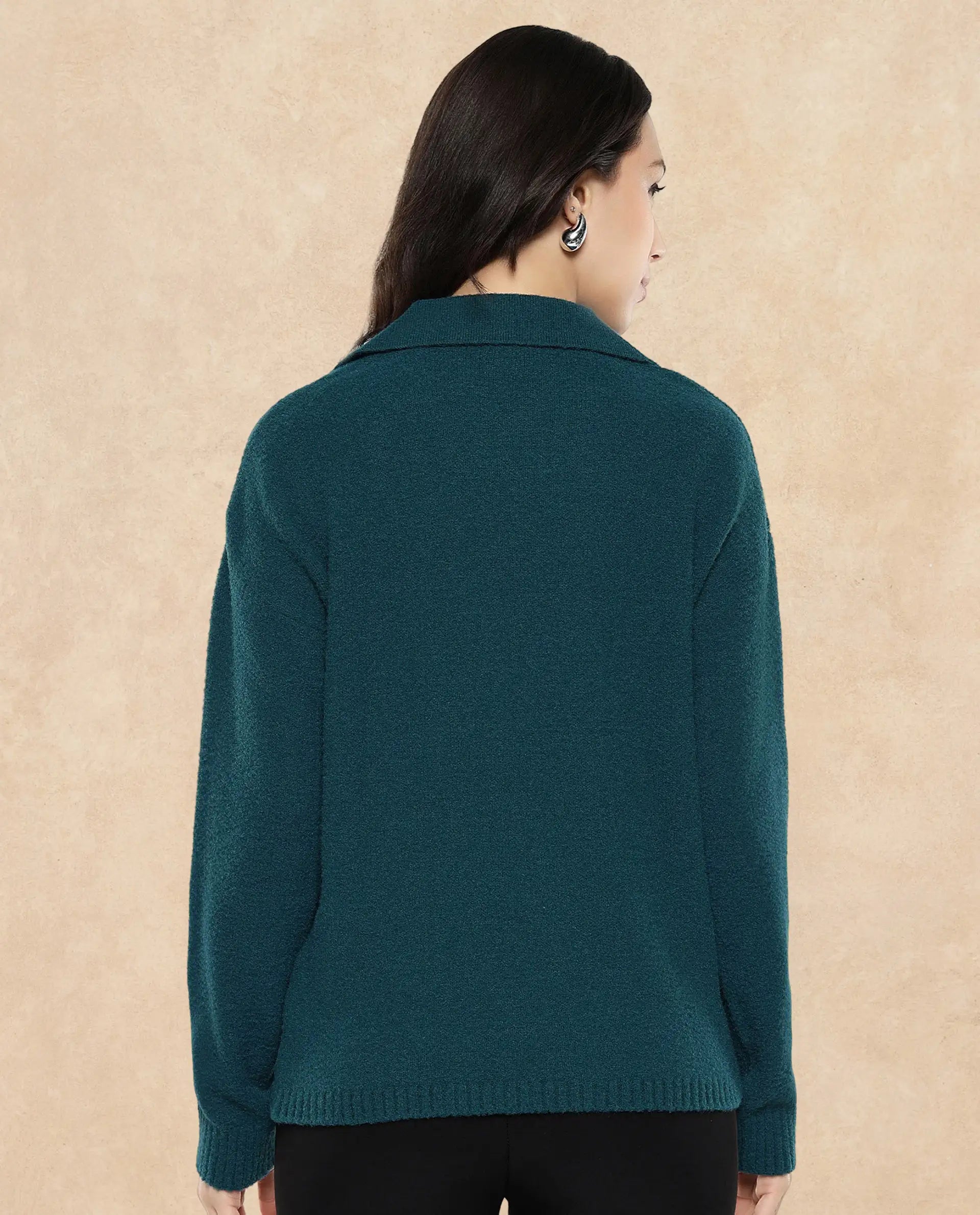 Rareism Women Sirnak Green Relaxed Fit Plain Sweater