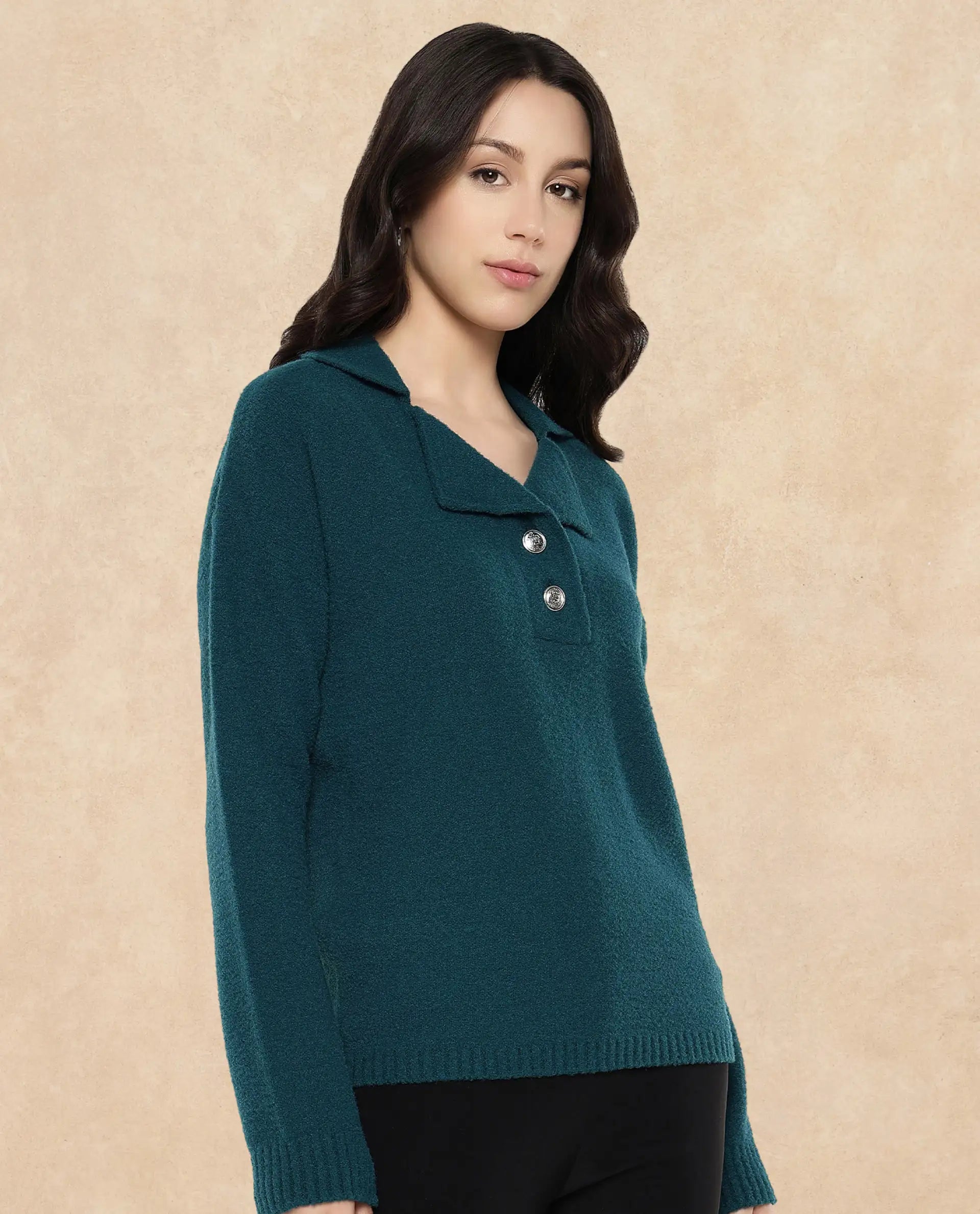 Rareism Women Sirnak Green Relaxed Fit Plain Sweater