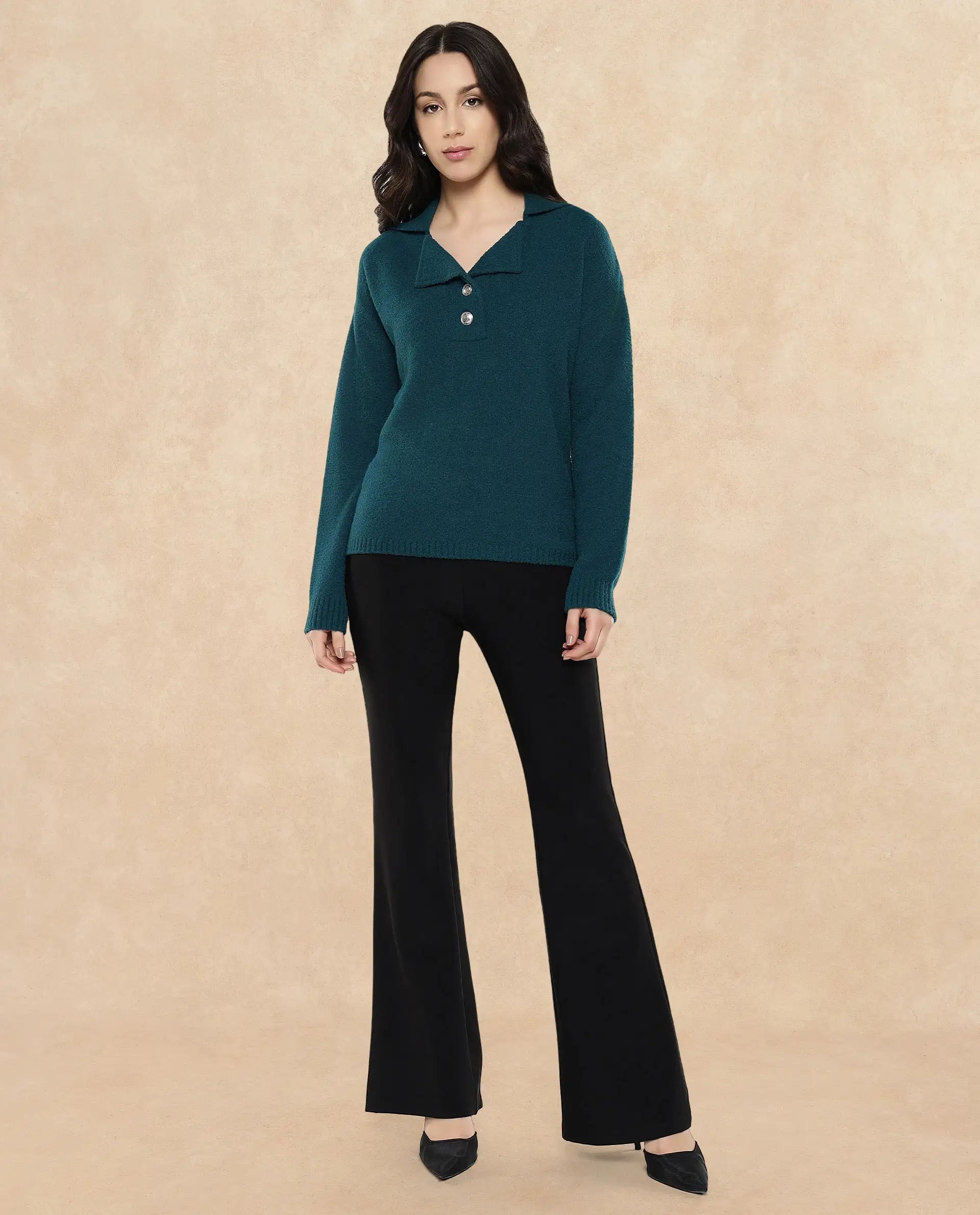 Rareism Women Sirnak Green Relaxed Fit Plain Sweater