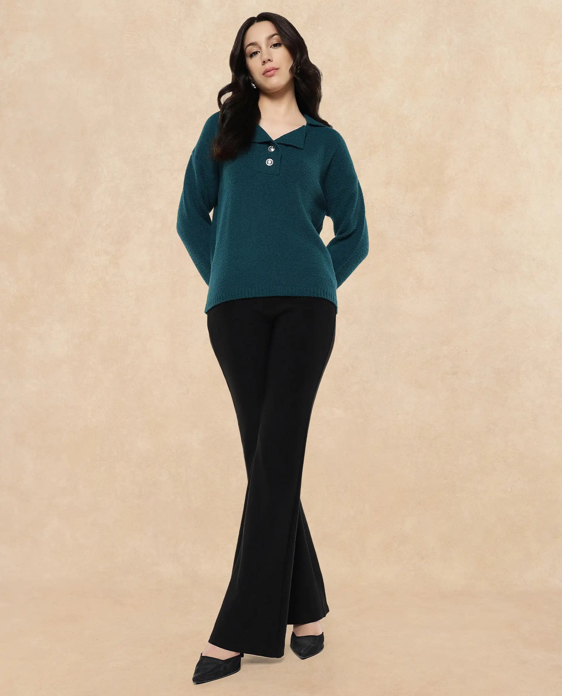 Rareism Women Sirnak Green Relaxed Fit Plain Sweater