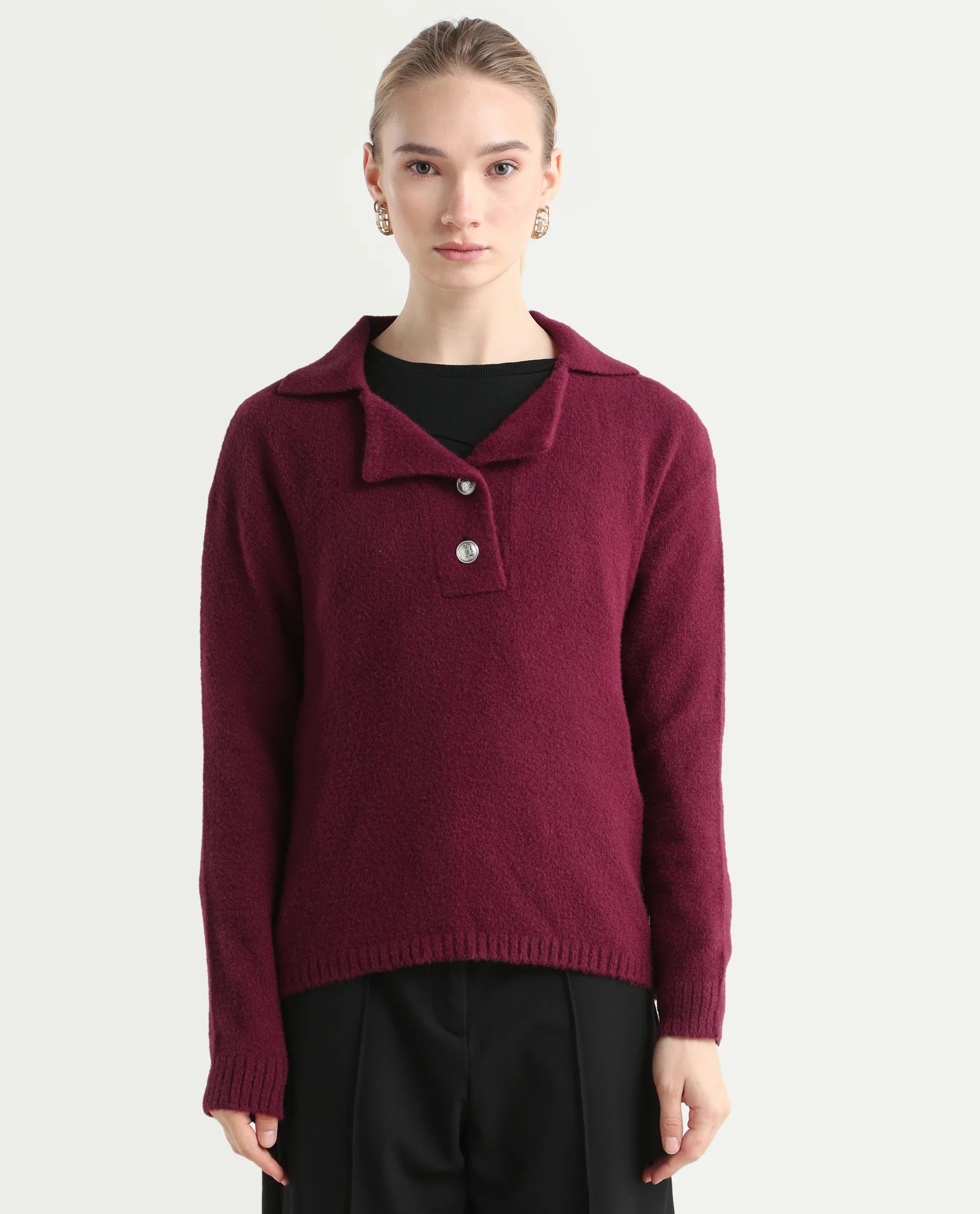 Rareism Women's Sirnak Maroon Drop Collar Plain Relaxed Fit Sweater