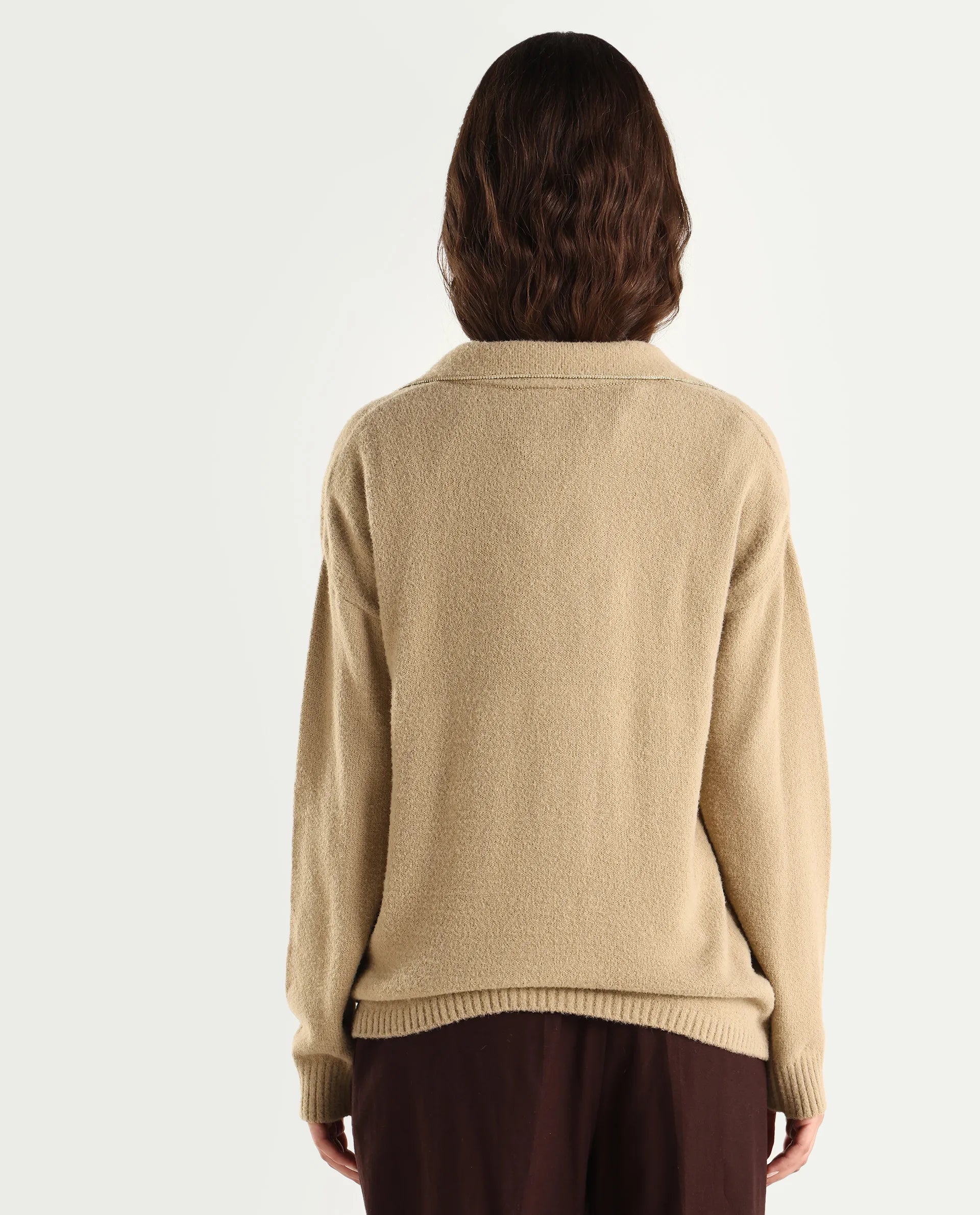 Rareism Women's Sirnako Light Beige Acrylic Spread Collar Relaxed Fit Plain Sweater