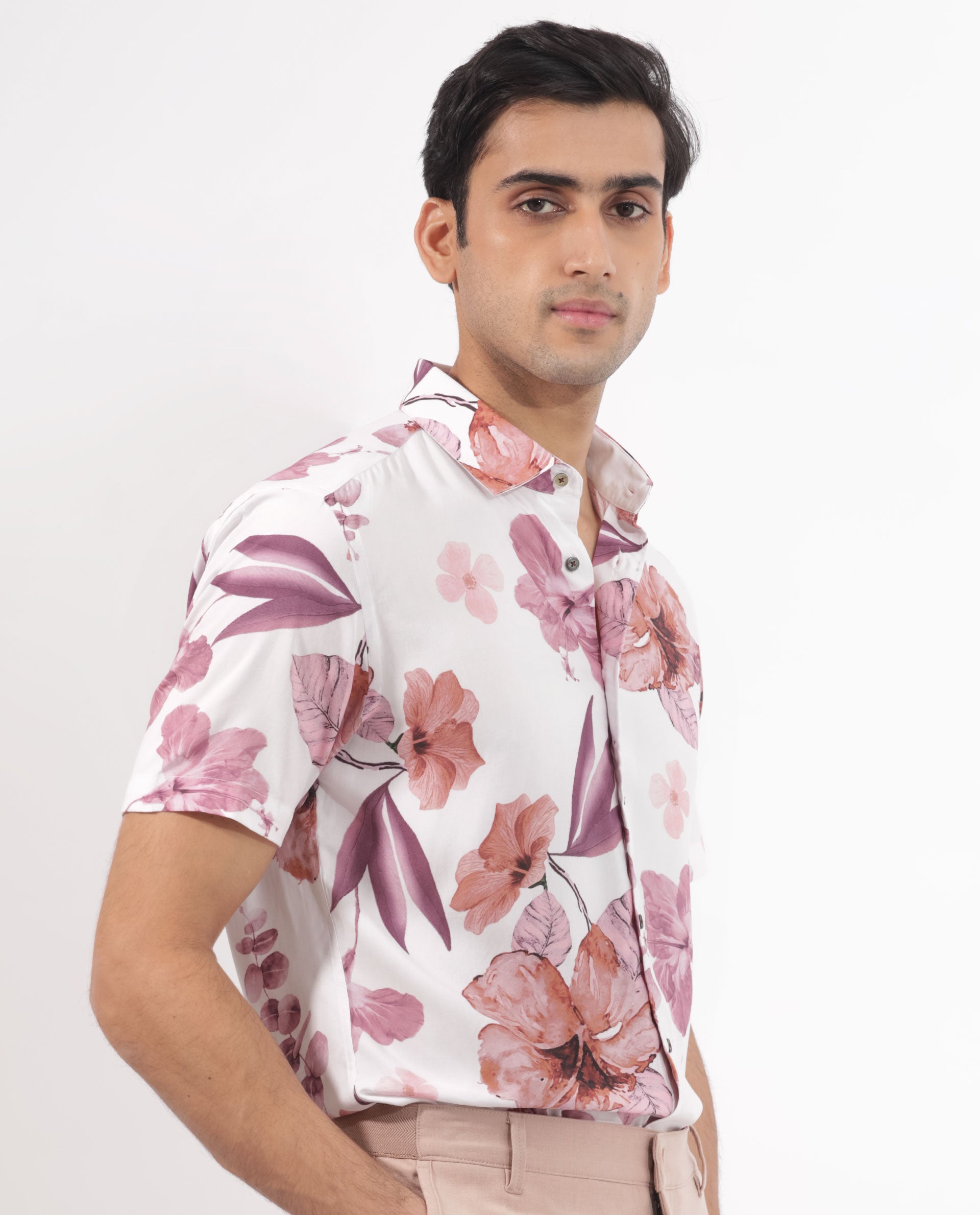 Rare Rabbit Men's Siros White Viscose Fabric Floral Print Half Sleeves Shirt