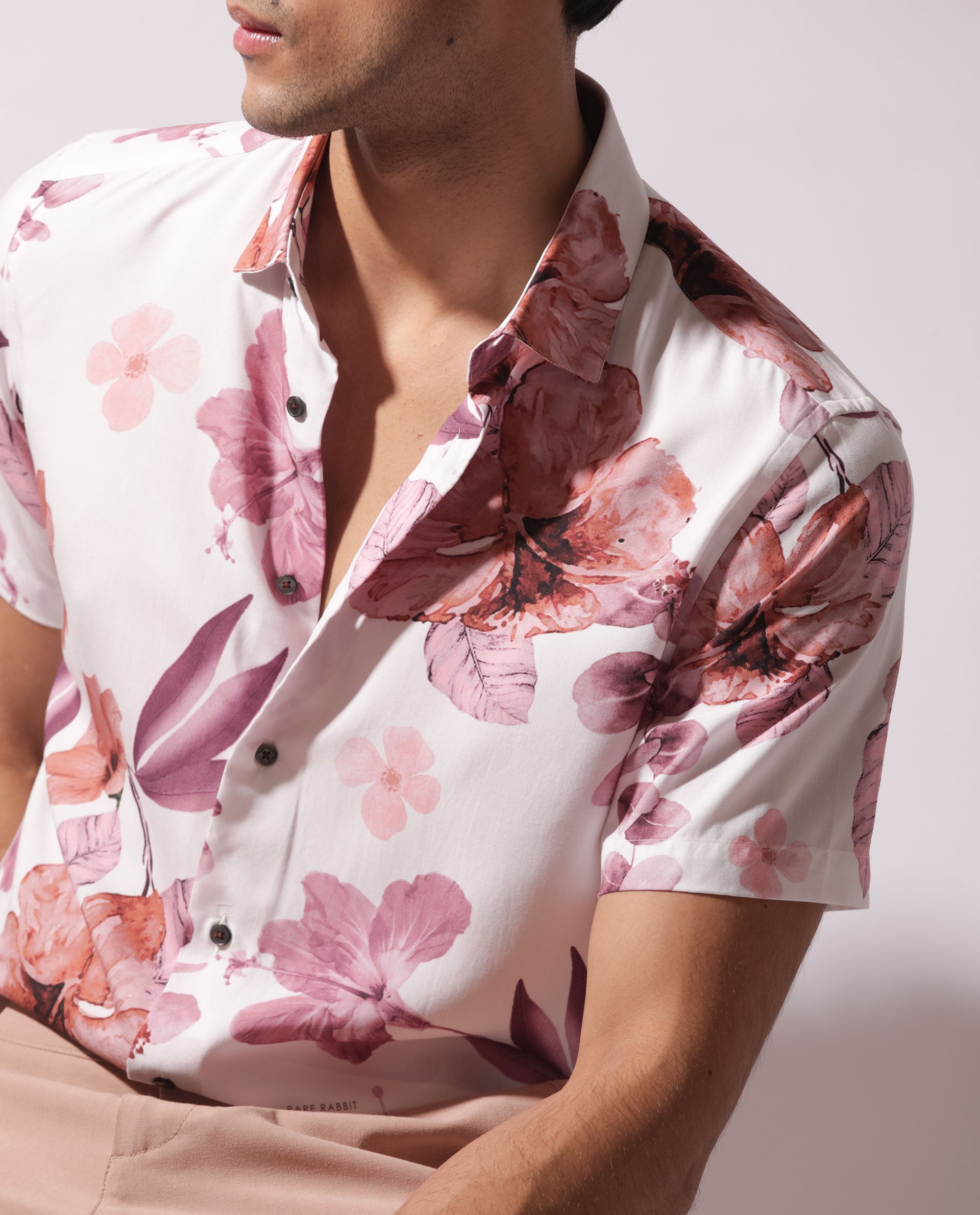 Rare Rabbit Men's Siros White Viscose Fabric Floral Print Half Sleeves Shirt