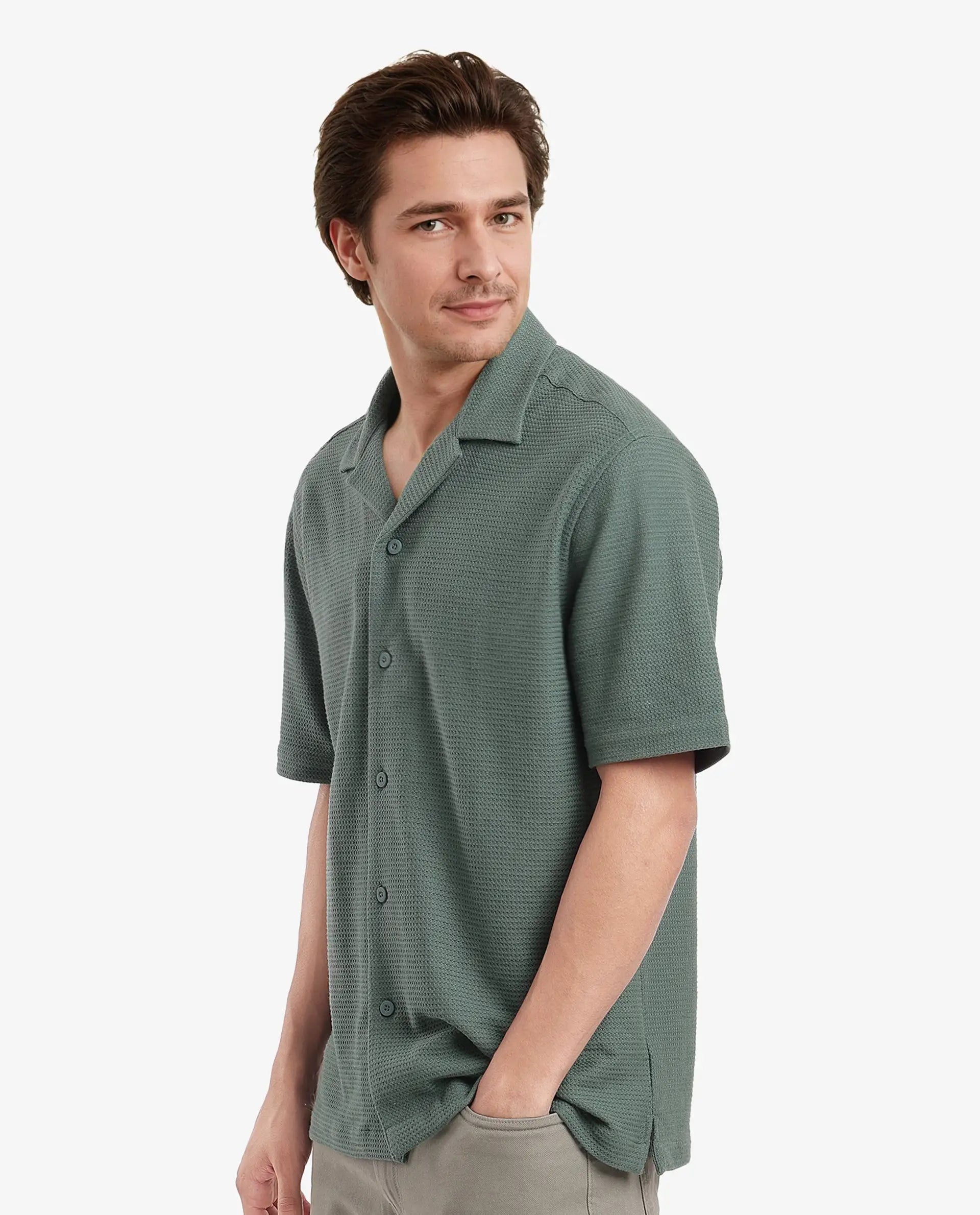 Rare Rabbit Men Site Ss Dusky Green Short Sleeve Collared Neck Button Closure Regular Fit Plain Shirt