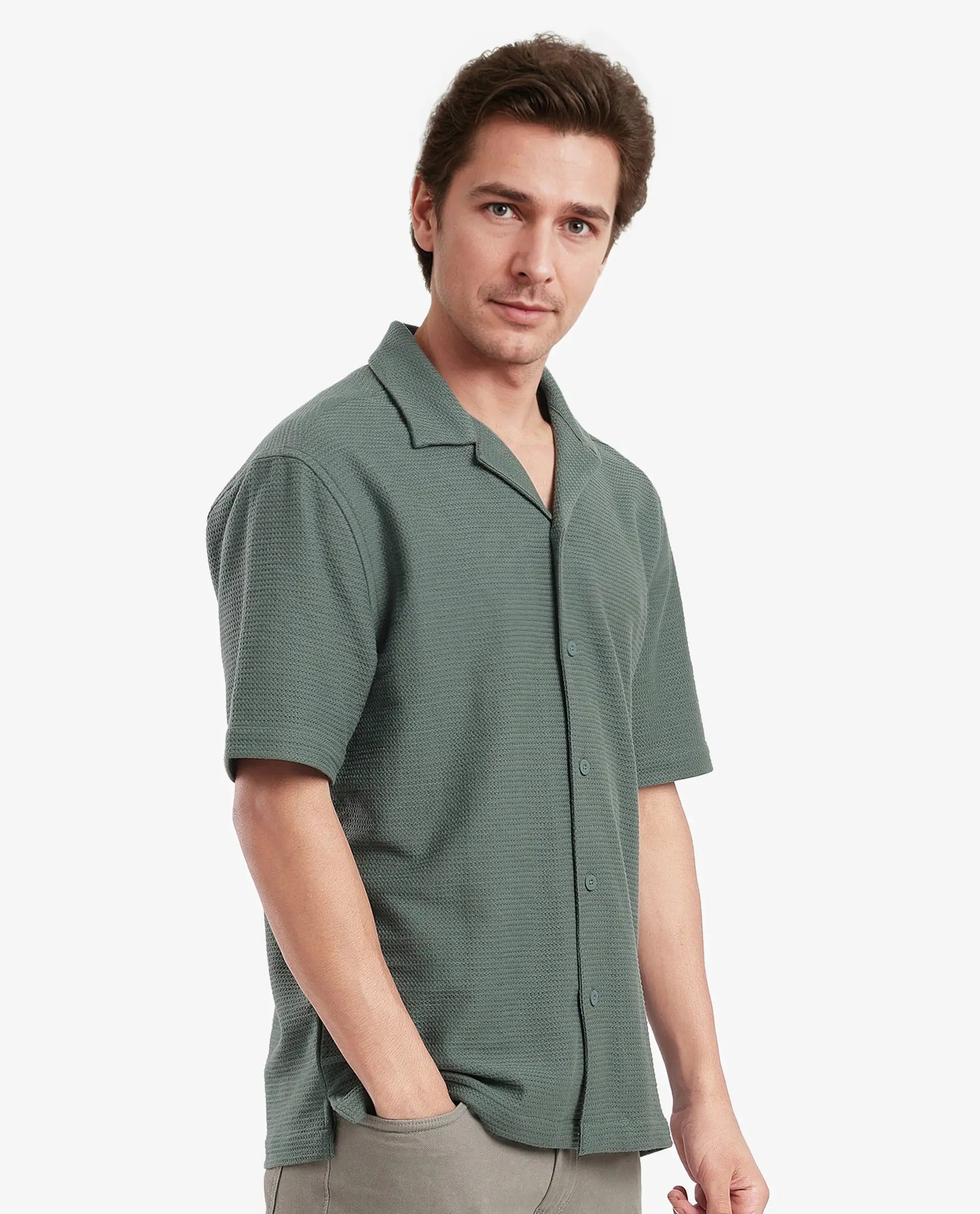Rare Rabbit Men Site Ss Dusky Green Short Sleeve Collared Neck Button Closure Regular Fit Plain Shirt