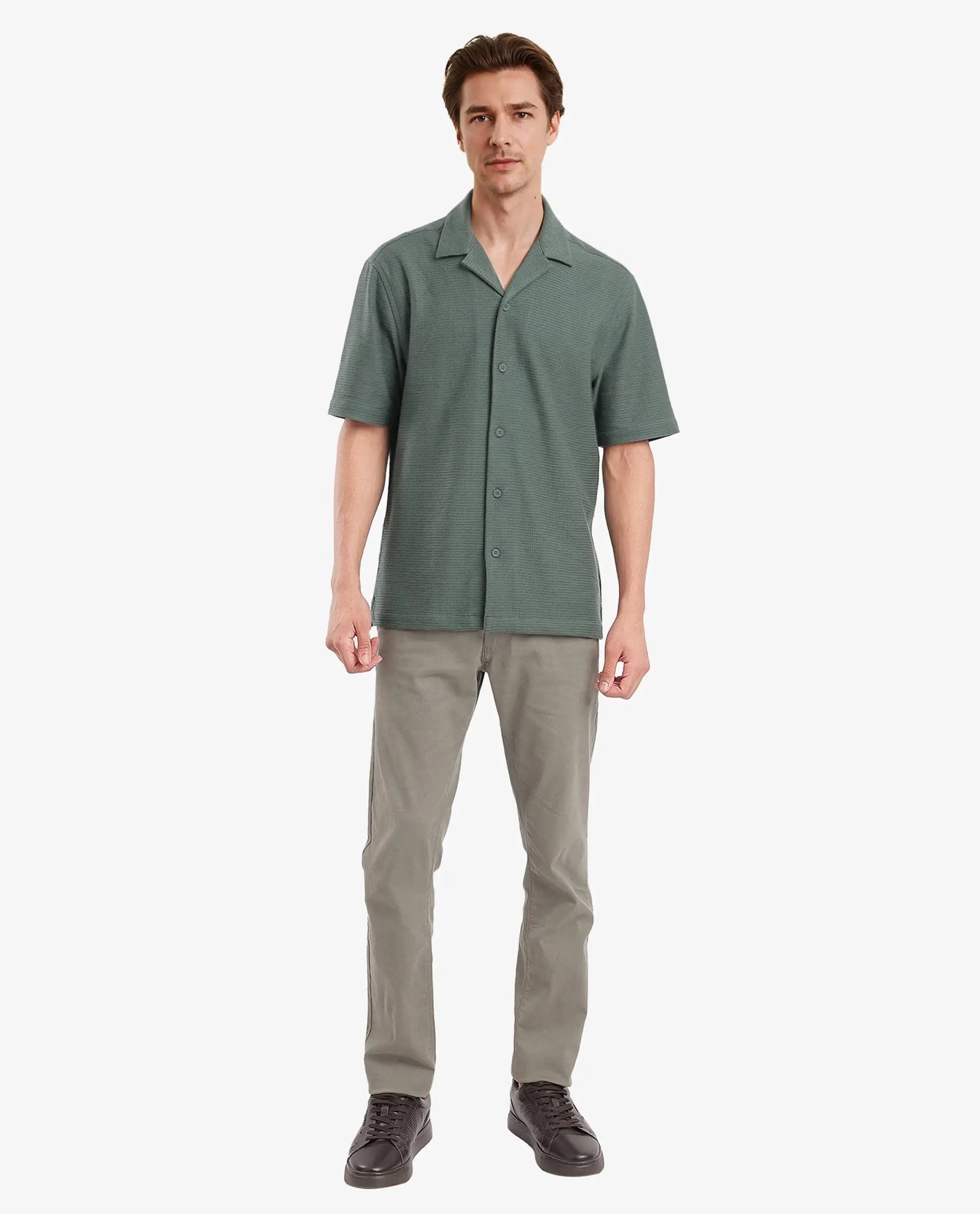 Rare Rabbit Men Site Ss Dusky Green Short Sleeve Collared Neck Button Closure Regular Fit Plain Shirt