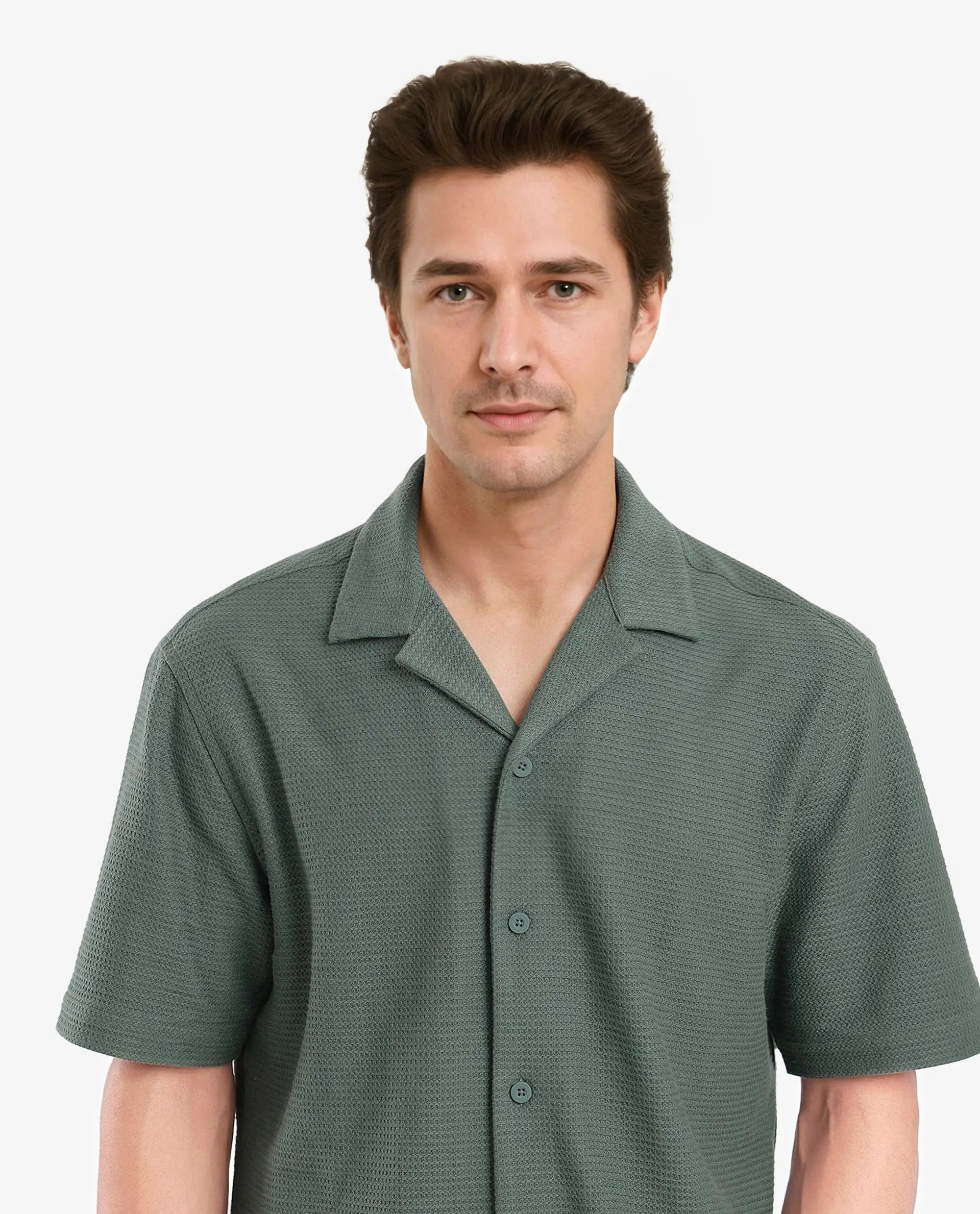 Rare Rabbit Men Site Ss Dusky Green Short Sleeve Collared Neck Button Closure Regular Fit Plain Shirt