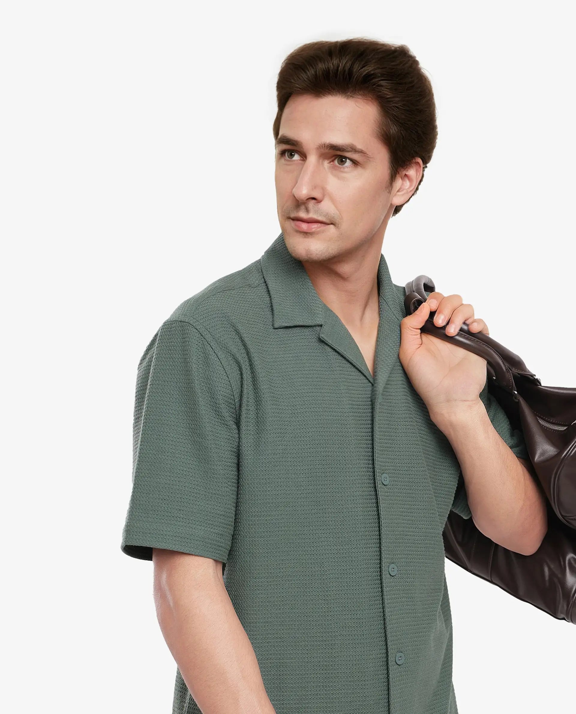 Rare Rabbit Men Site Ss Dusky Green Short Sleeve Collared Neck Button Closure Regular Fit Plain Shirt