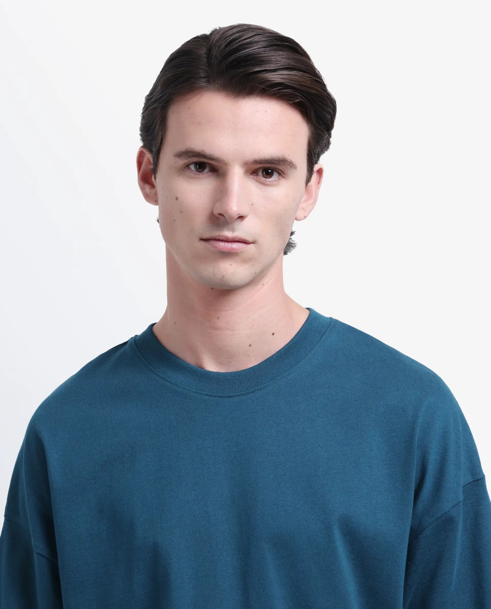 Rare Rabbit Men's Siwa Dark Teal Cotton Printed Oversized Fit Half Sleeve Crew Neck T-Shirt