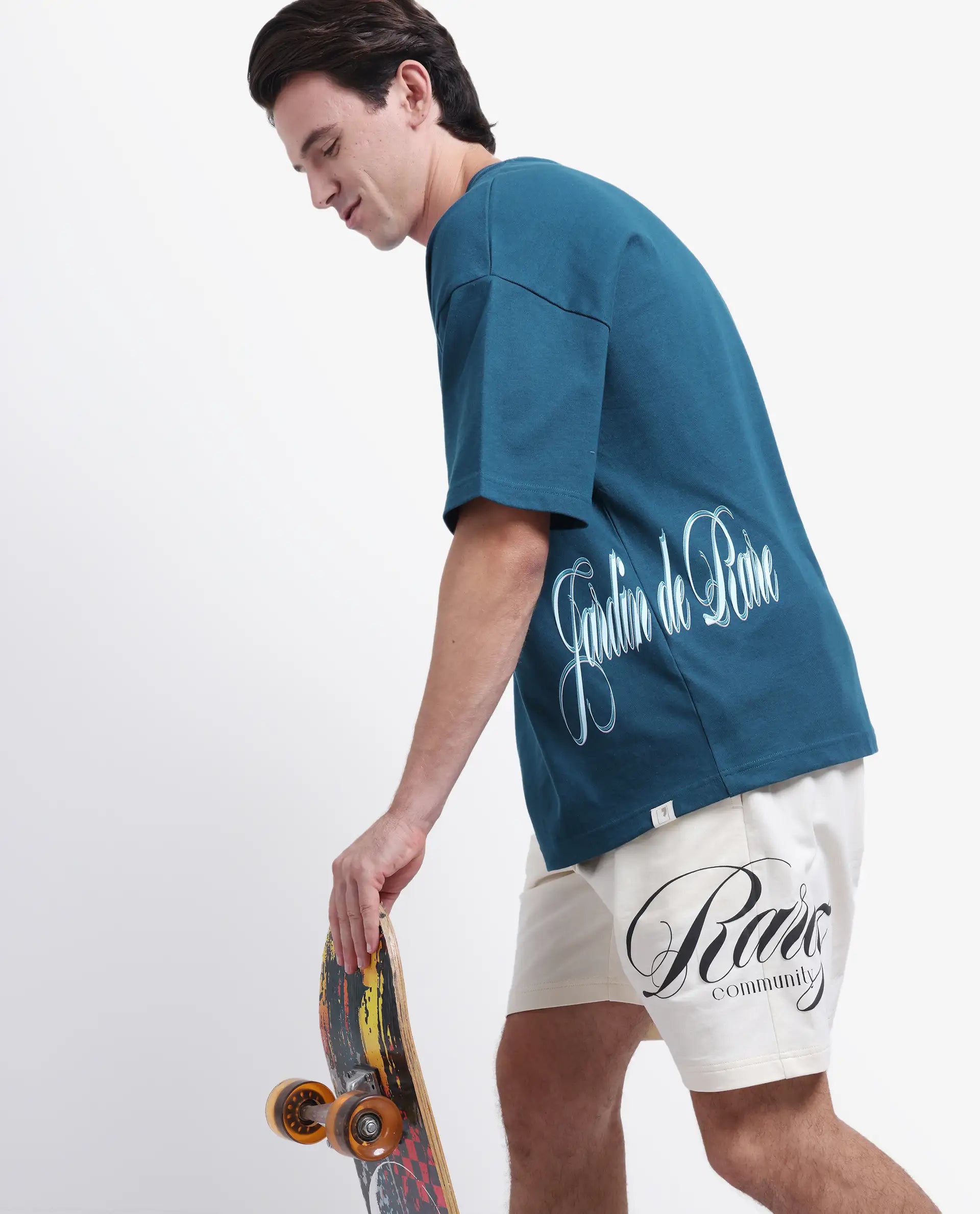 Rare Rabbit Men's Siwa Dark Teal Cotton Printed Oversized Fit Half Sleeve Crew Neck T-Shirt