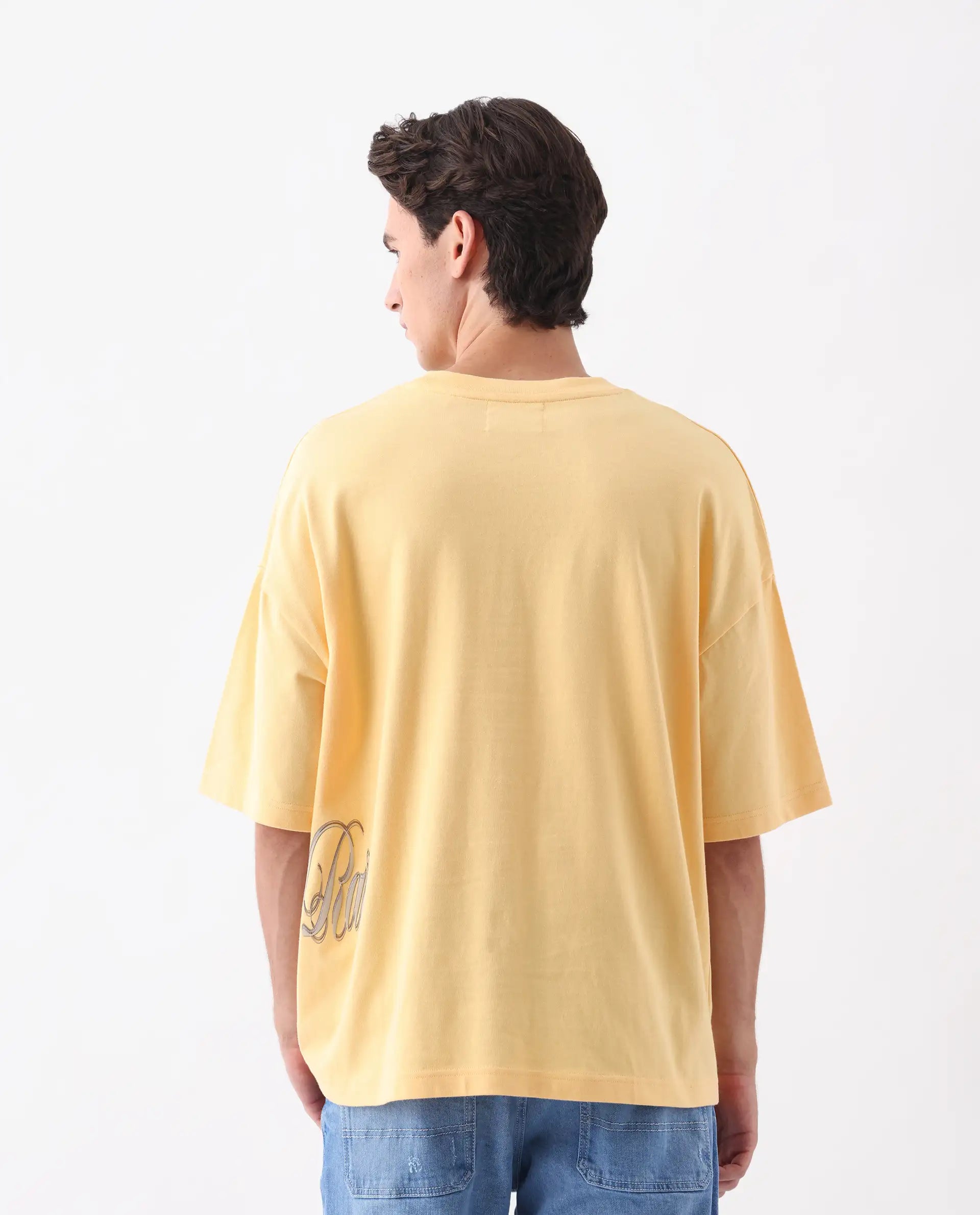 Rare Rabbit Men's Siwa Light Yellow Cotton Graphic Print Oversized Fit Half Sleeve Crew Neck T-Shirt