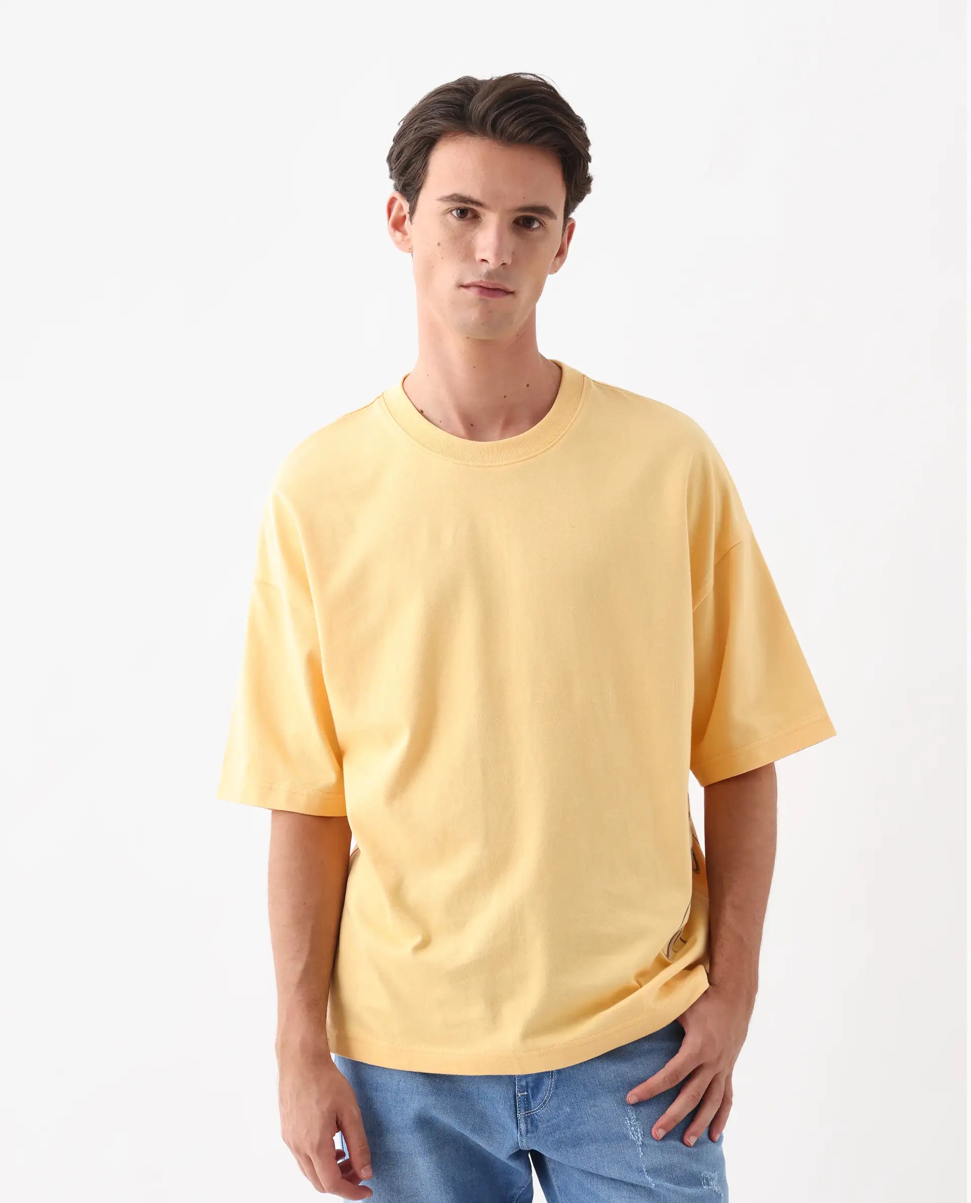 Rare Rabbit Men's Siwa Light Yellow Cotton Graphic Print Oversized Fit Half Sleeve Crew Neck T-Shirt