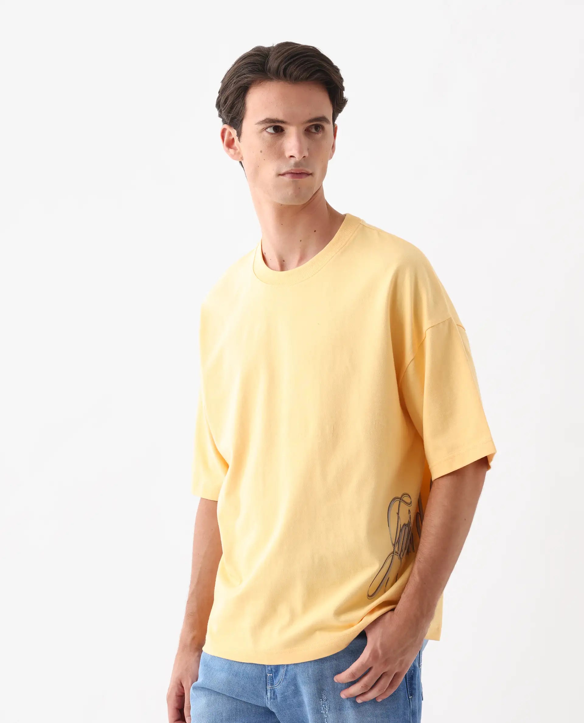 Rare Rabbit Men's Siwa Light Yellow Cotton Graphic Print Oversized Fit Half Sleeve Crew Neck T-Shirt