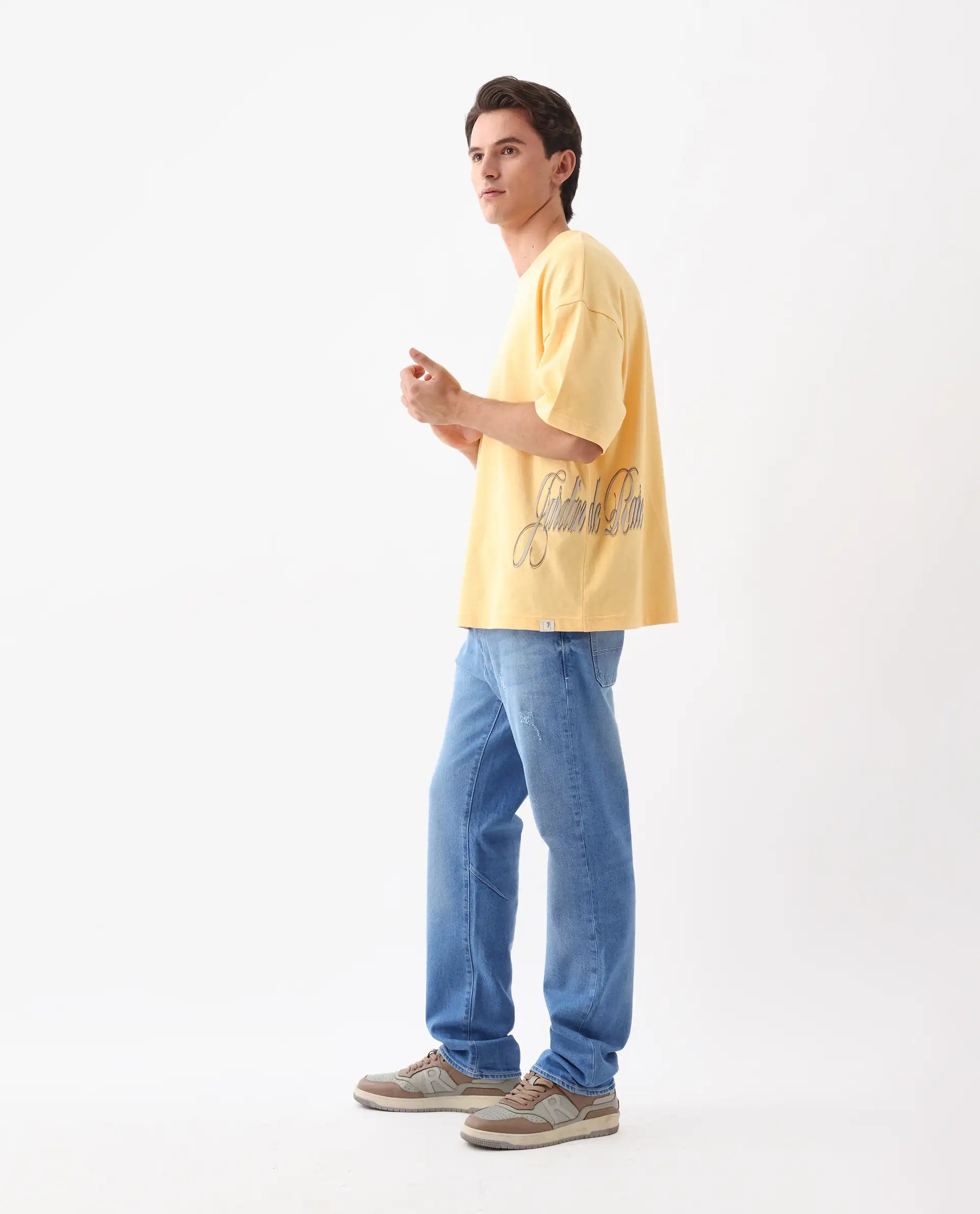 Rare Rabbit Men's Siwa Light Yellow Cotton Graphic Print Oversized Fit Half Sleeve Crew Neck T-Shirt