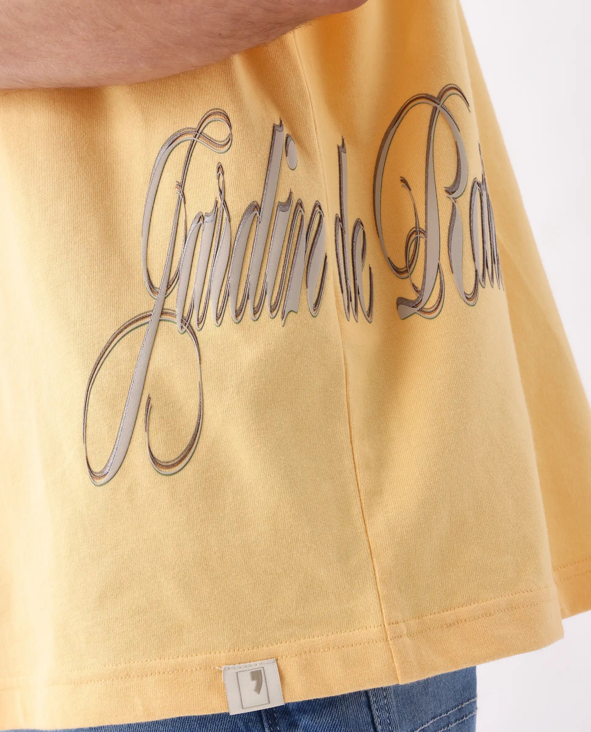 Rare Rabbit Men's Siwa Light Yellow Cotton Graphic Print Oversized Fit Half Sleeve Crew Neck T-Shirt