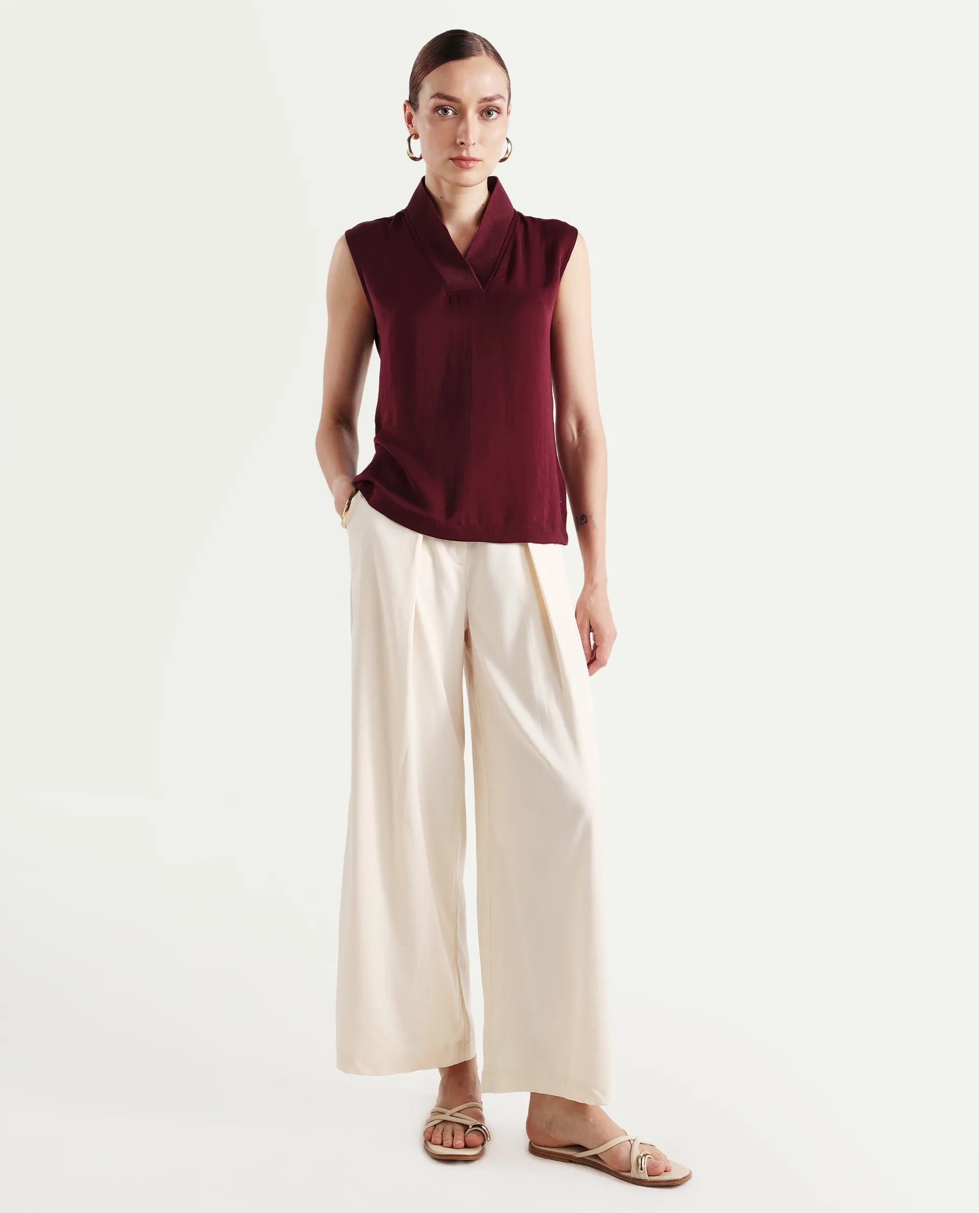 Rareism Women's Siyar Maroon Satin V-Neck Plain Sleeveless Regular Fit Top