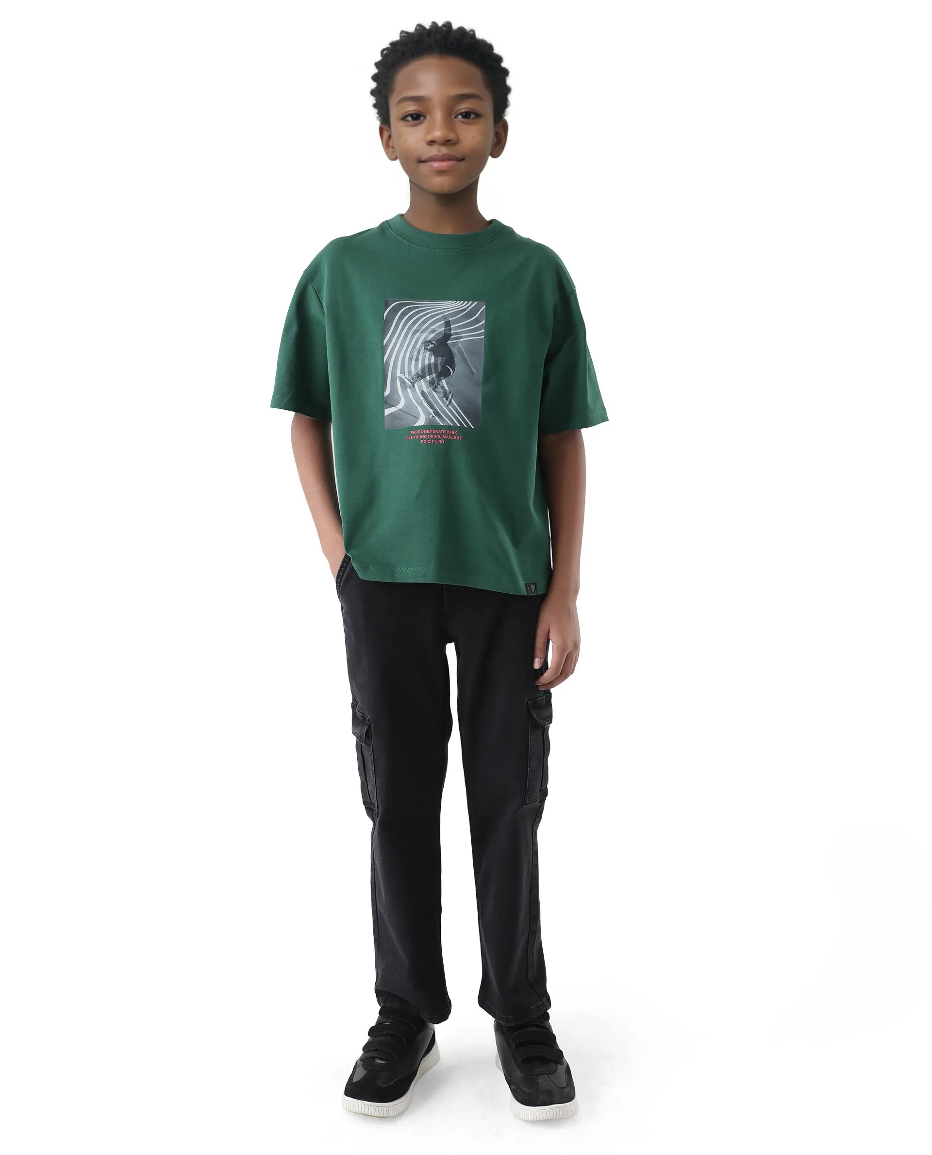 Rare Ones Kids Skate Green Cotton Half Sleeve Slip-On Printed Boxy Fit T-Shirt