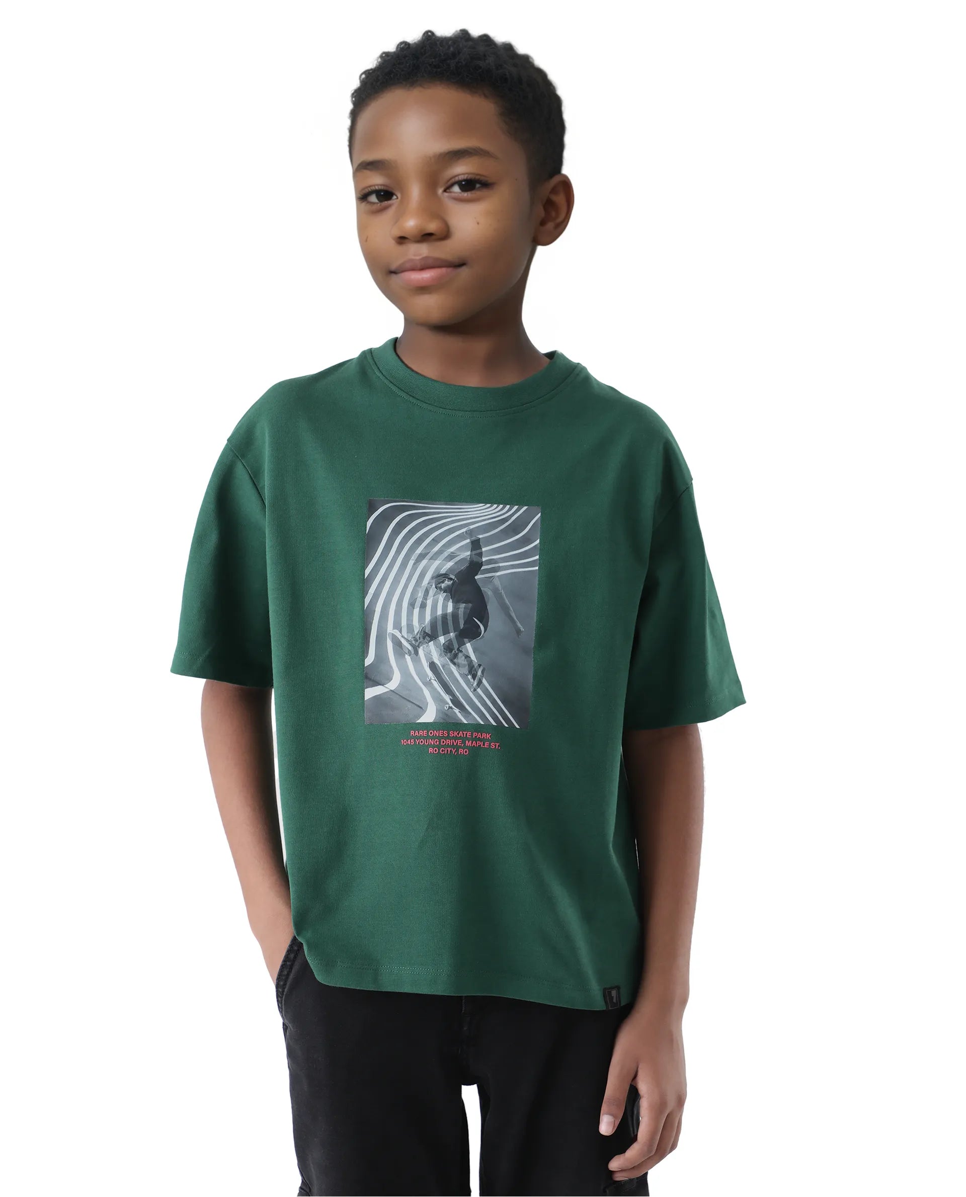 Rare Ones Kids Skate Green Cotton Half Sleeve Slip-On Printed Boxy Fit T-Shirt