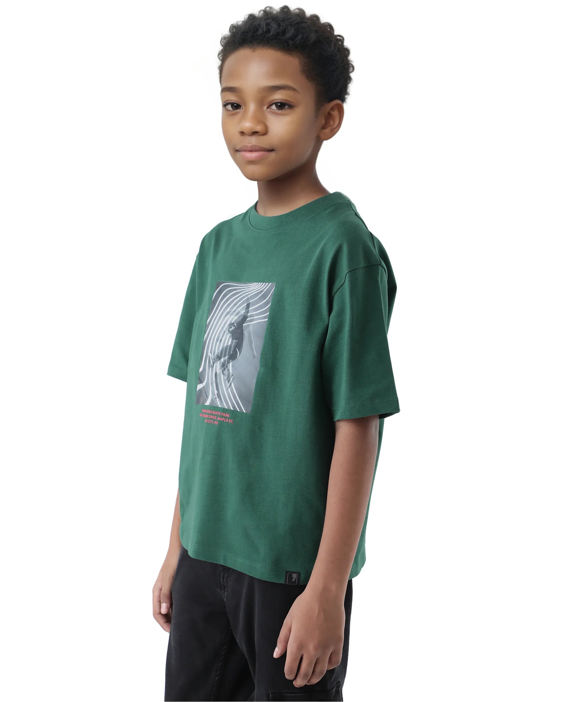 Rare Ones Kids Skate Green Cotton Half Sleeve Slip-On Printed Boxy Fit T-Shirt