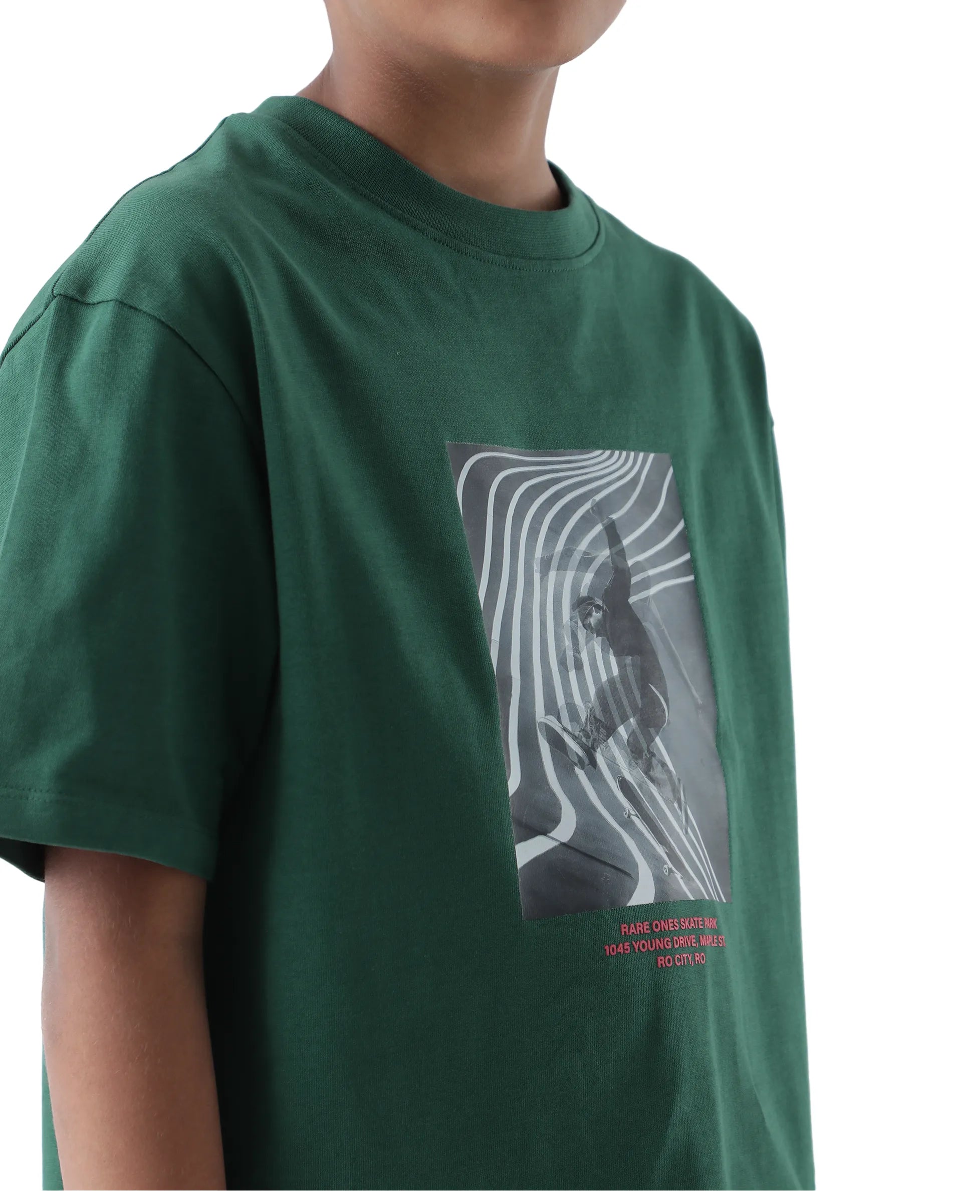 Rare Ones Kids Skate Green Cotton Half Sleeve Slip-On Printed Boxy Fit T-Shirt