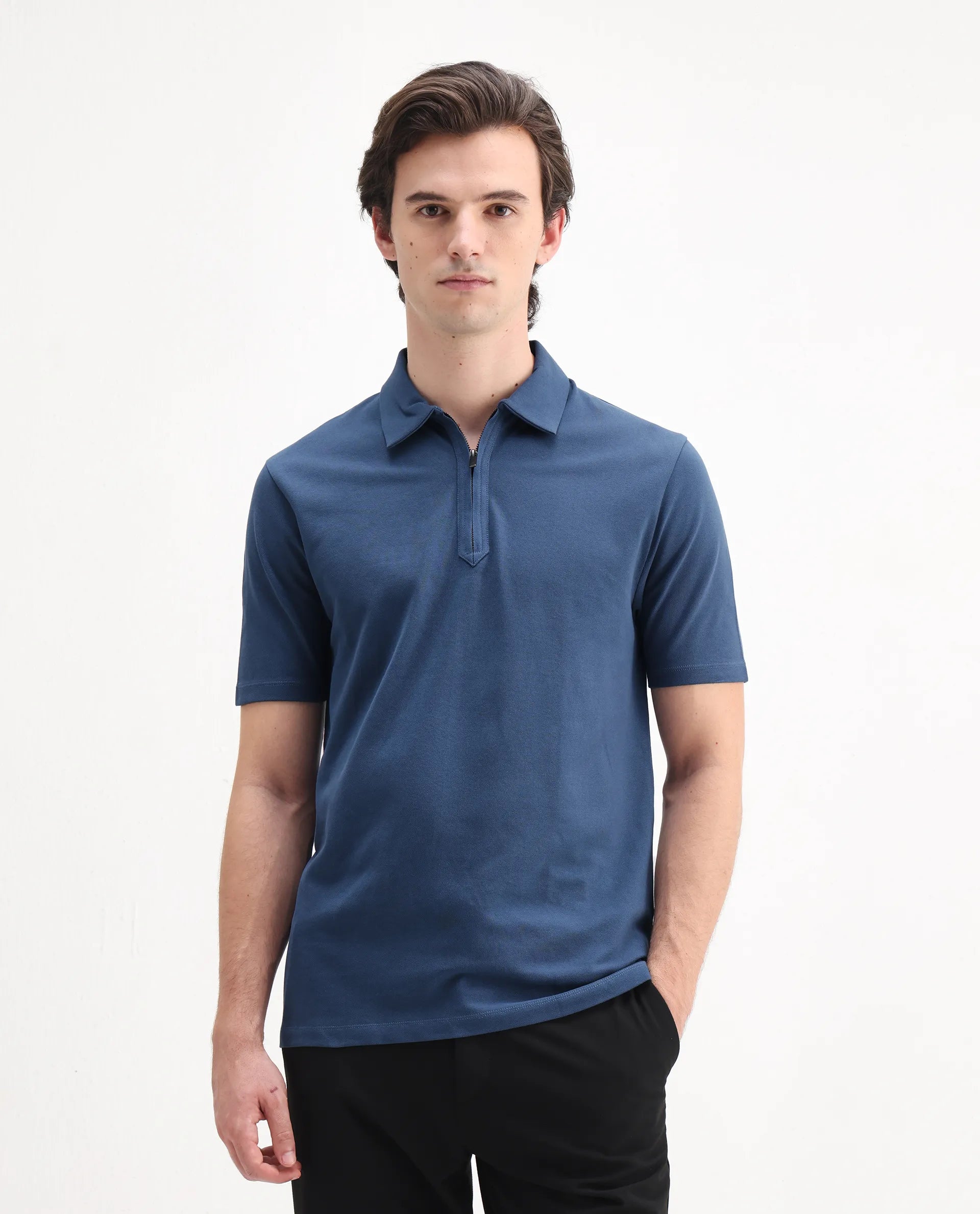 Rare Rabbit Men's Ski Blue Cotton Plain Regular Fit Half Sleeve Polo