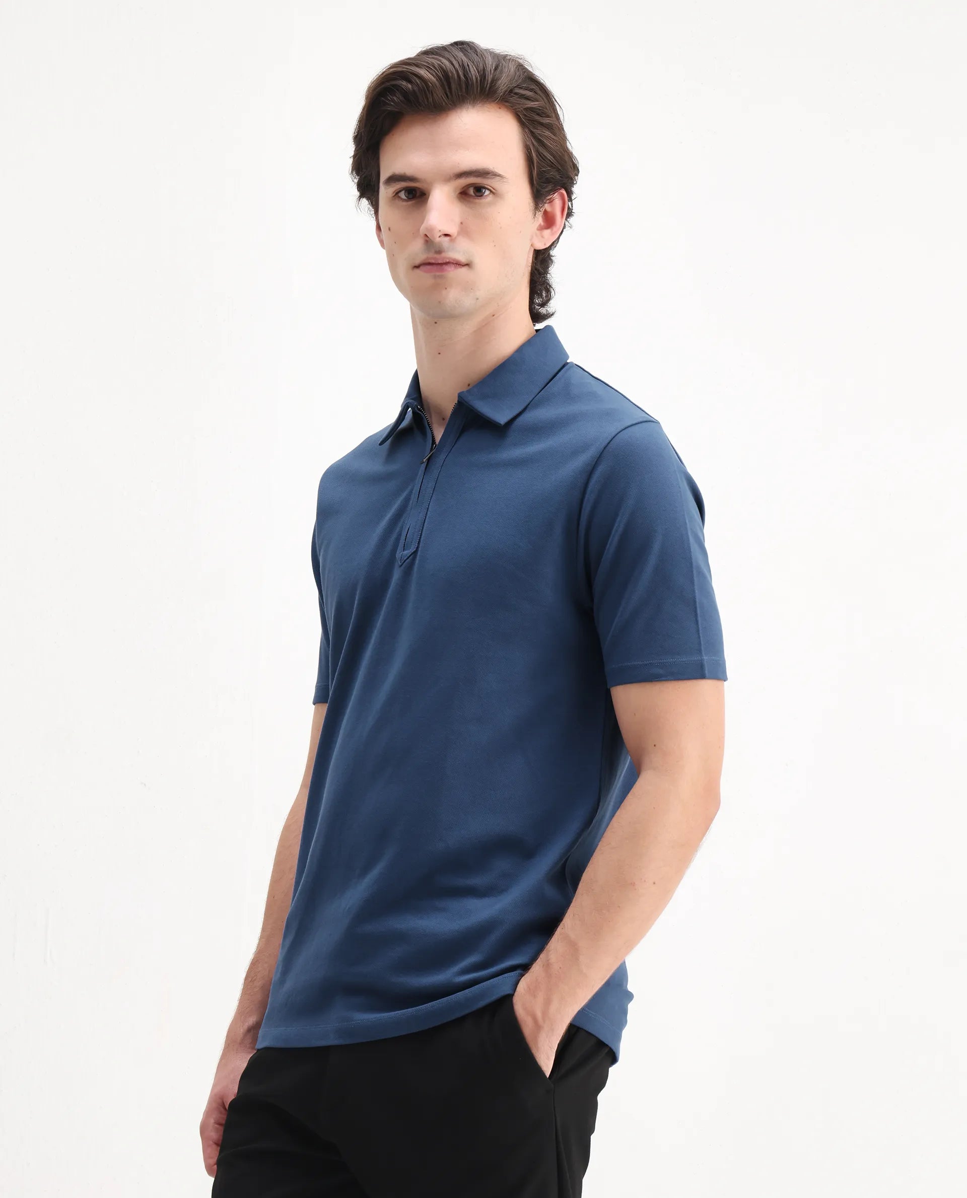 Rare Rabbit Men's Ski Blue Cotton Plain Regular Fit Half Sleeve Polo