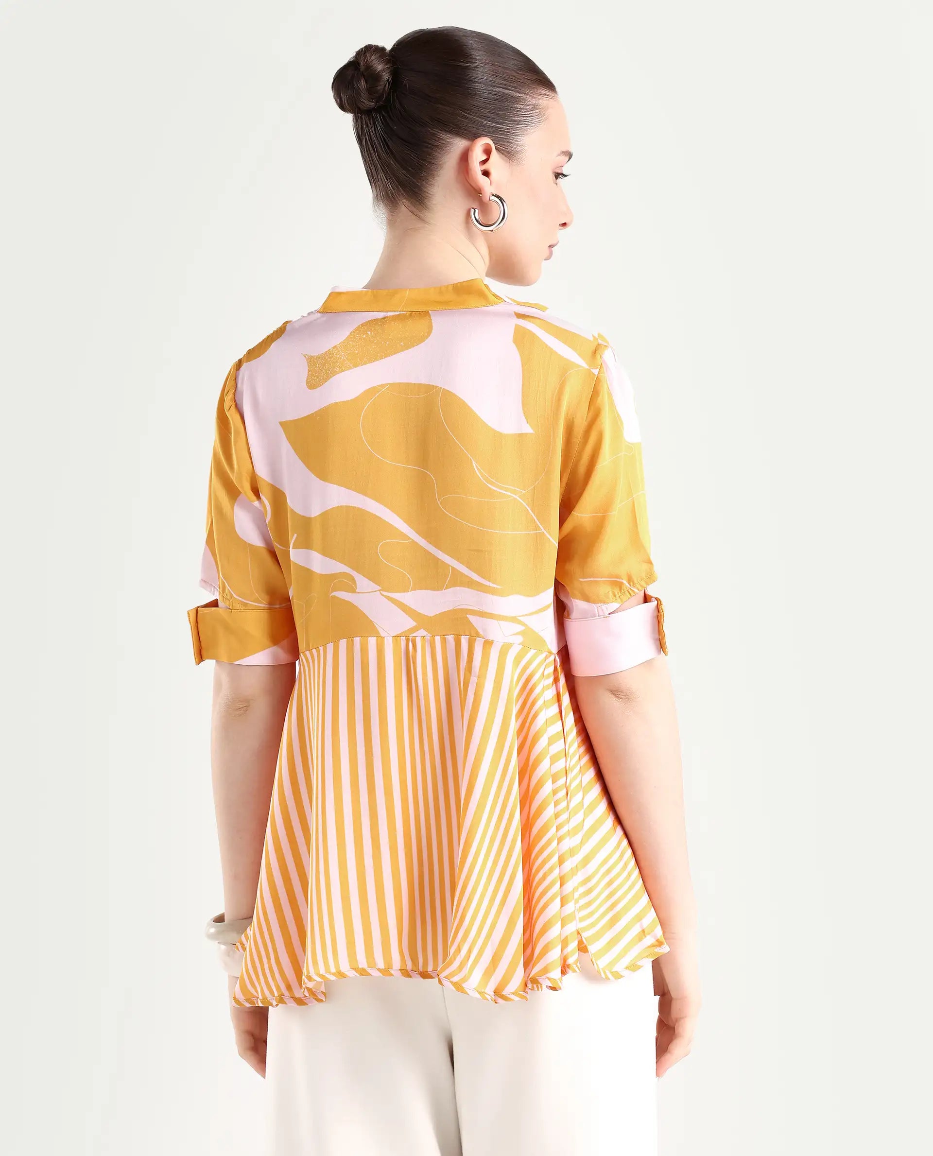 Rareism Women's Skimmia Mustard Modal V-Neck Abstract Print Regular Fit Top