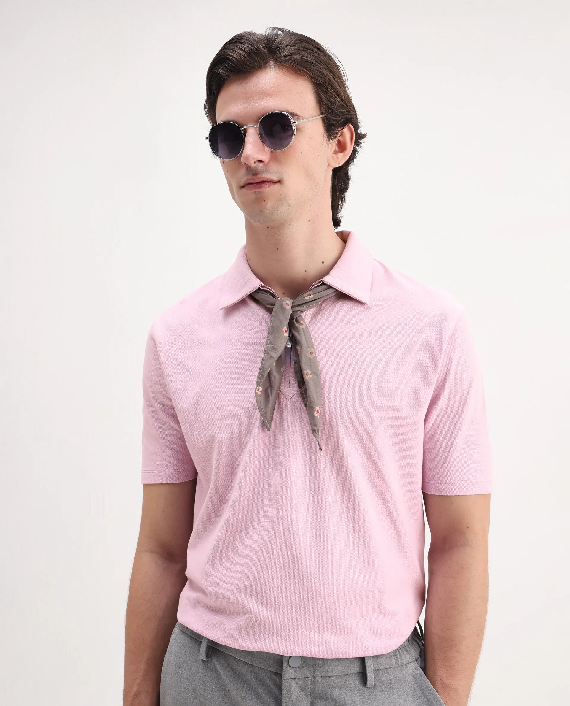 Rare Rabbit Men's Ski Light Pink Cotton Plain Regular Fit Half Sleeve Polo