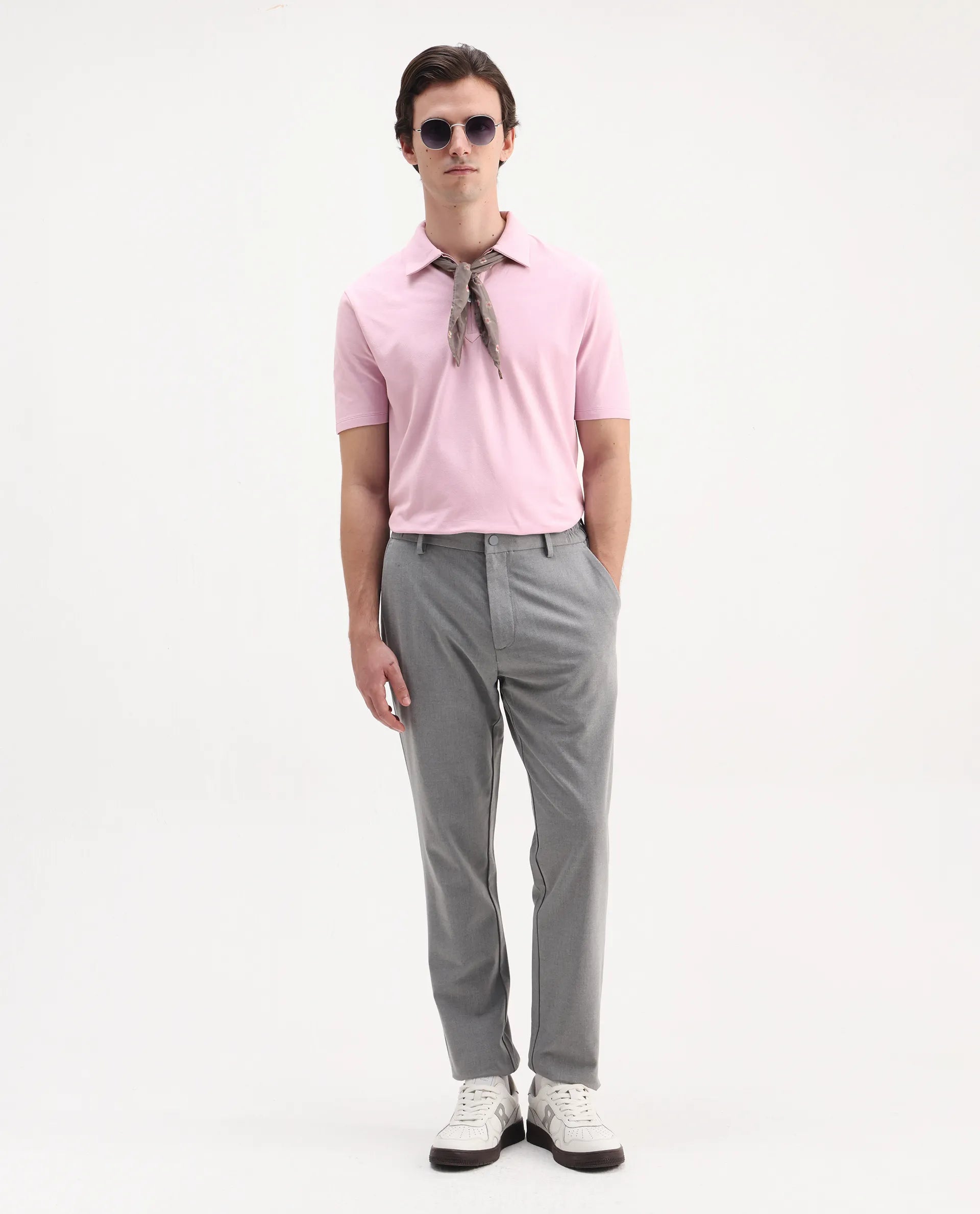 Rare Rabbit Men's Ski Light Pink Cotton Plain Regular Fit Half Sleeve Polo