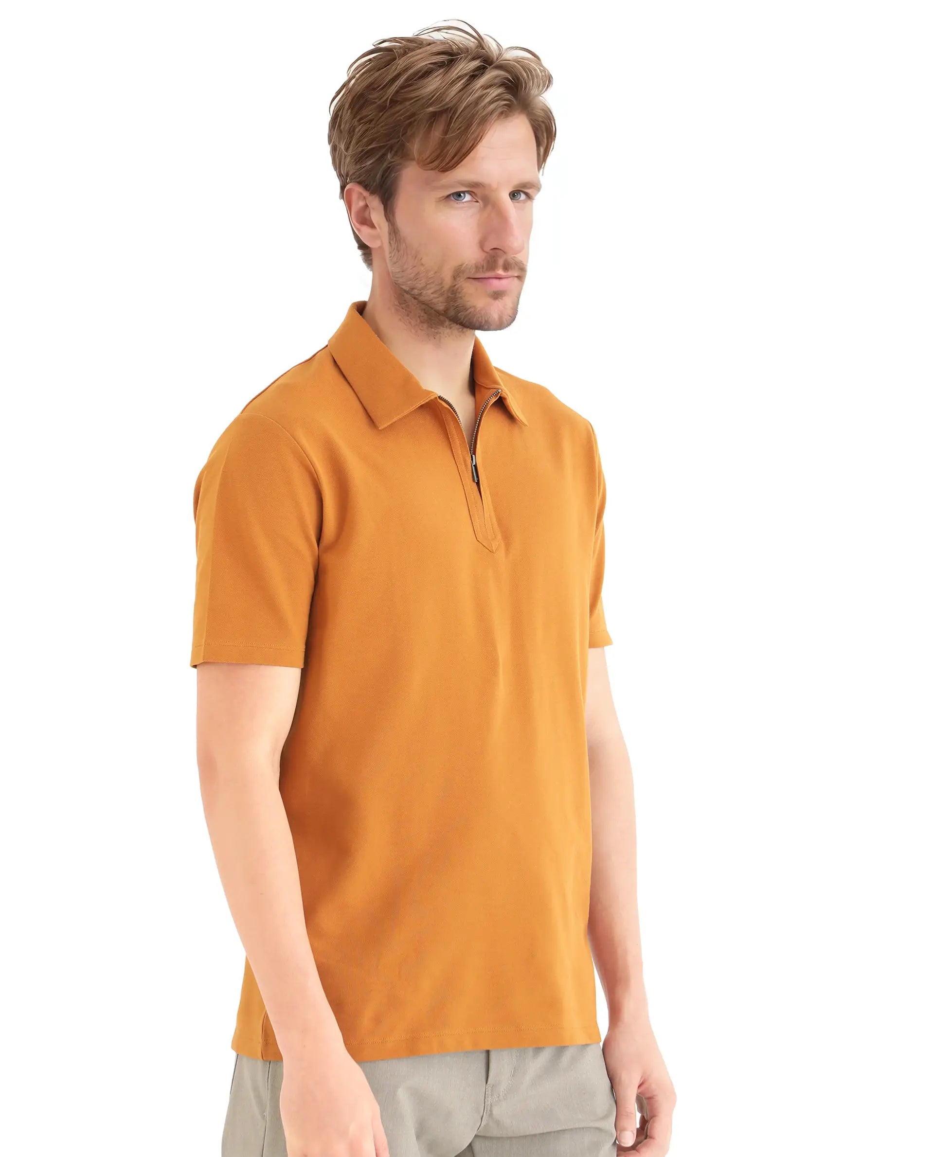 Rare Rabbit Men Ski Rust Cotton Blend Fabric Short Sleeve Regular Collared Zipper Closure Plain Polo