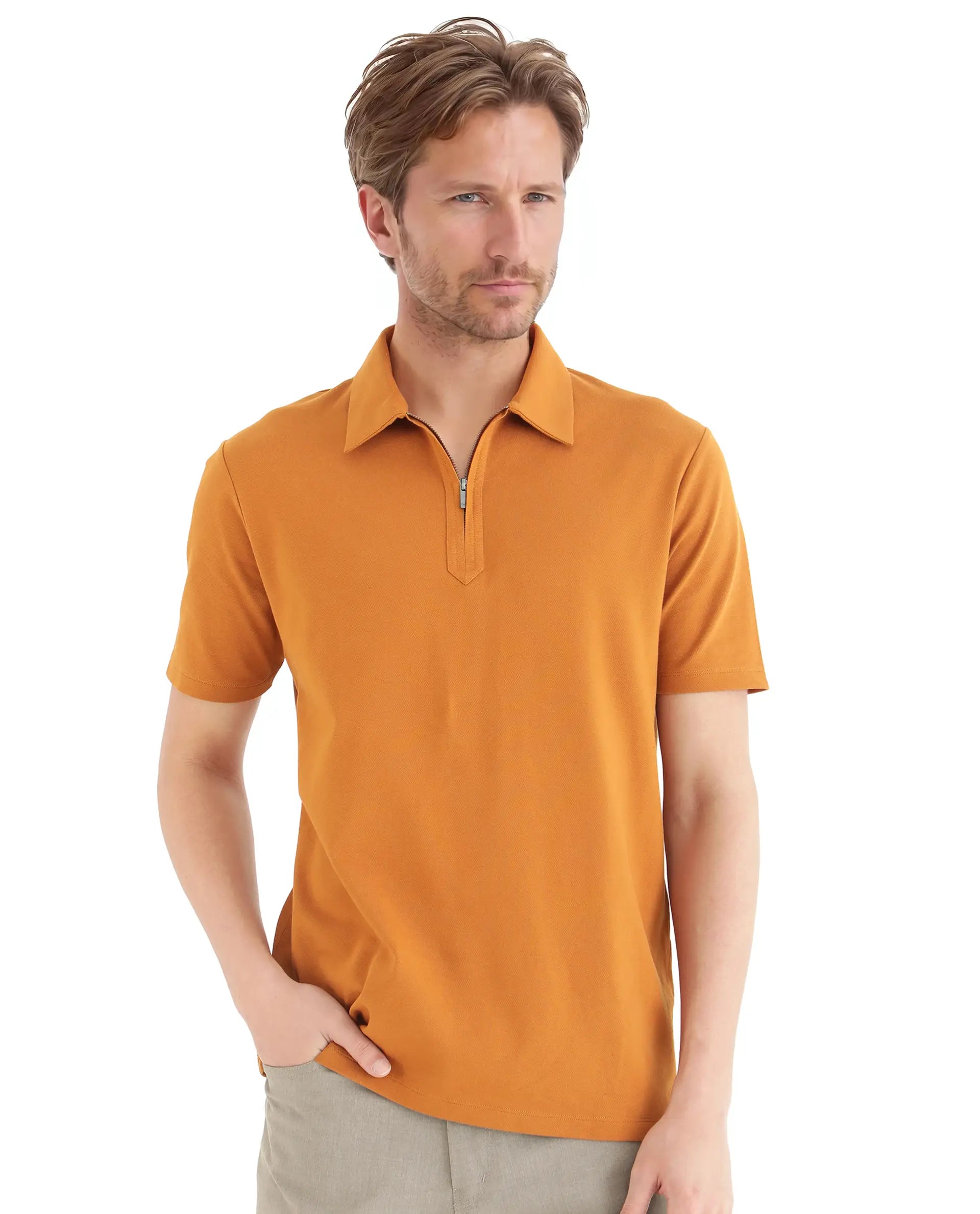 Rare Rabbit Men Ski Rust Cotton Blend Fabric Short Sleeve Regular Collared Zipper Closure Plain Polo