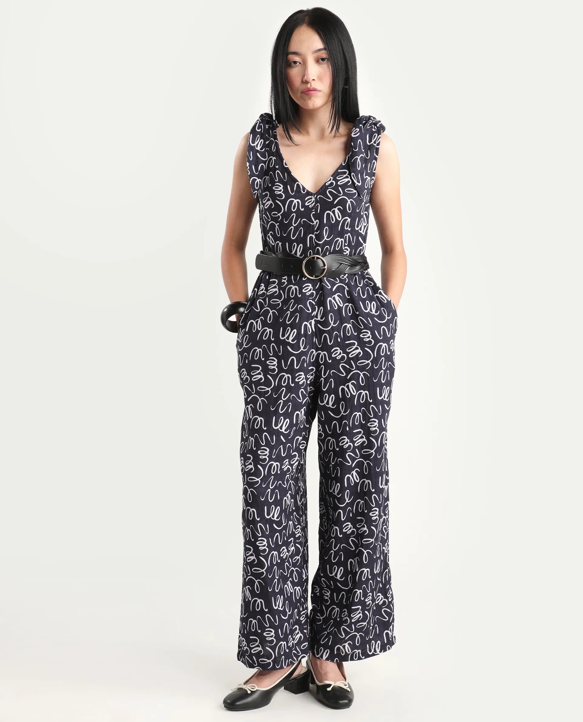 Rareism Women's Skoda Black Cotton V-Neck Abstract Print Shoulder Strap Ankle Length Tailored Jumpsuit