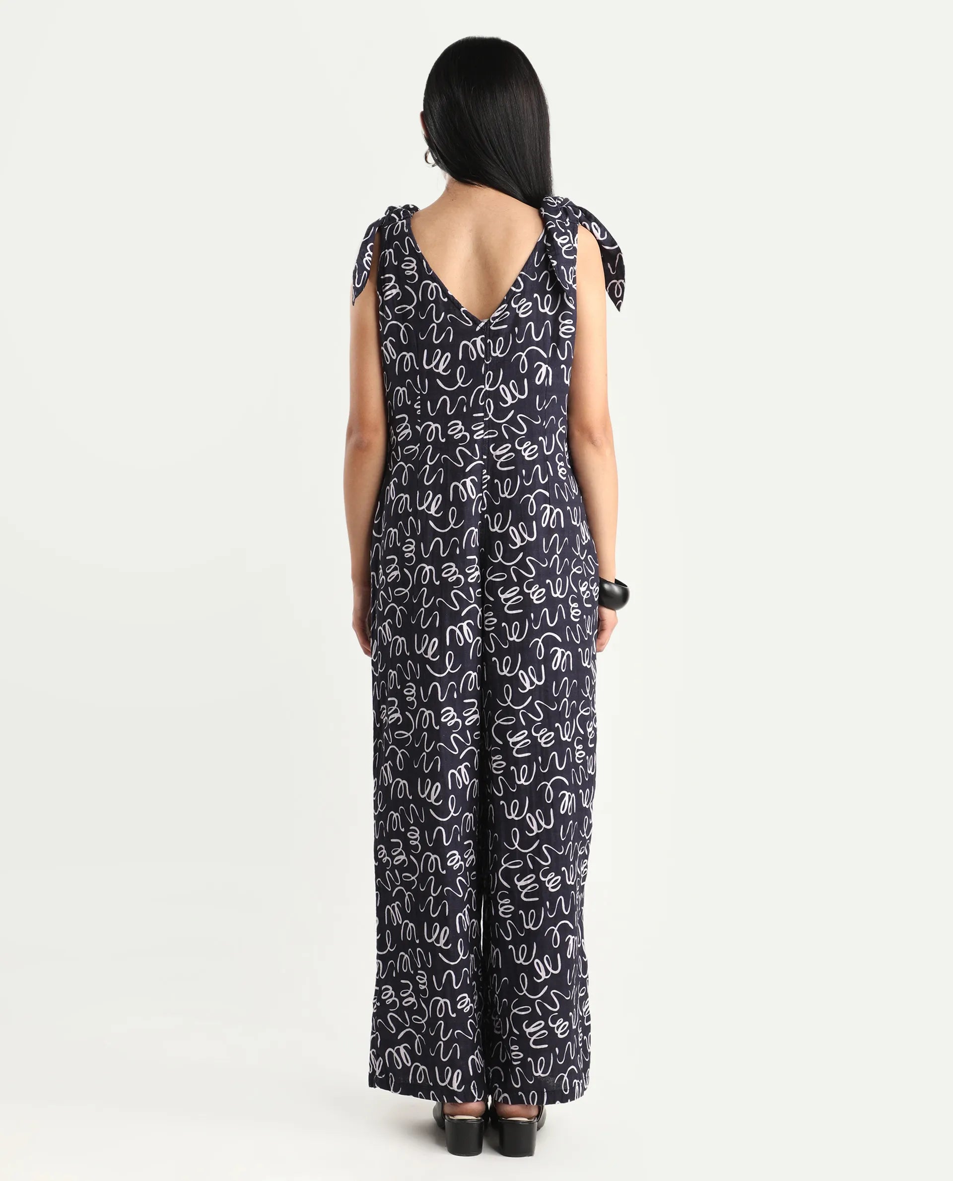 Rareism Women's Skoda Black Cotton V-Neck Abstract Print Shoulder Strap Ankle Length Tailored Jumpsuit