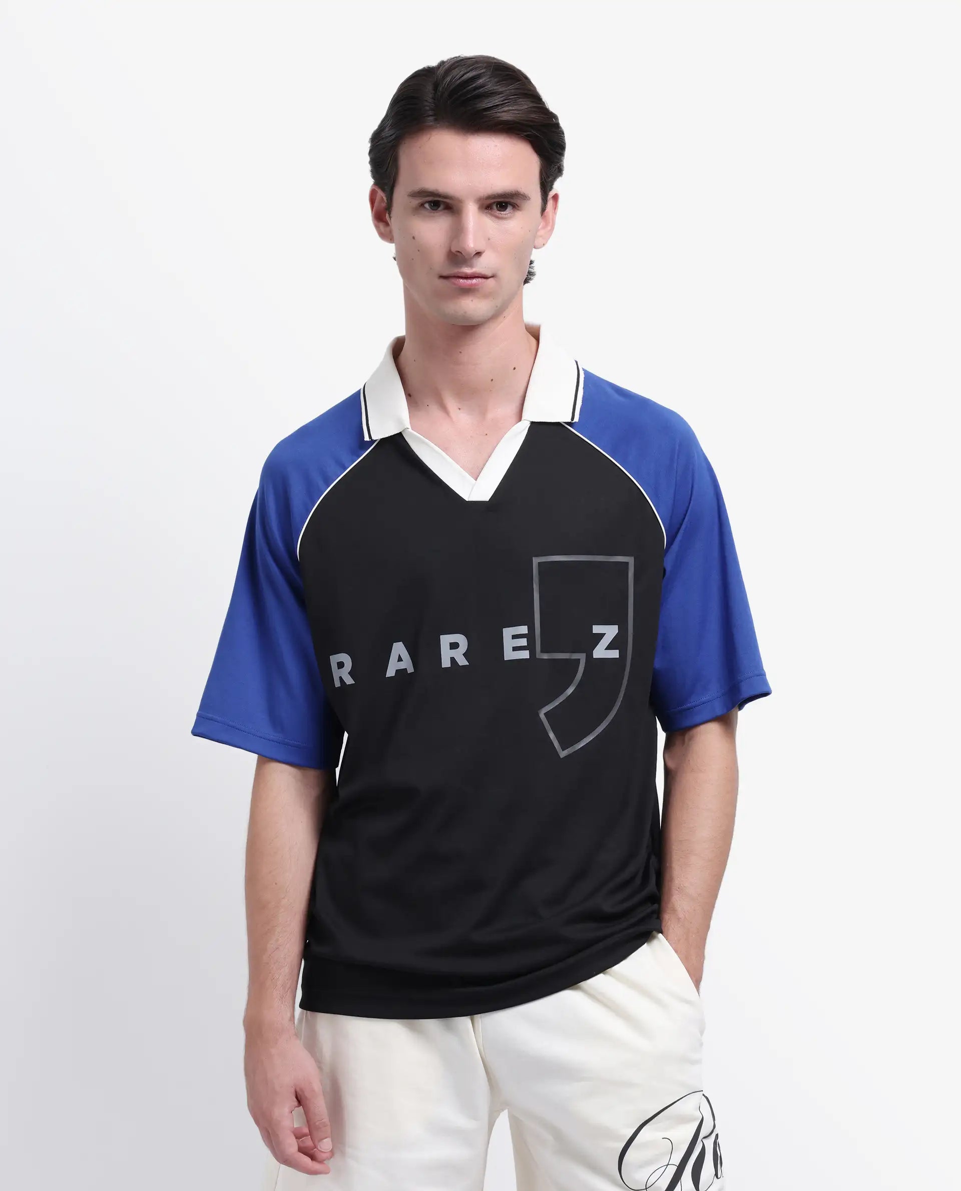 Rare Rabbit Men's Skot Black Polyester Blend Graphic Print Oversized Fit Half Sleeve Polo