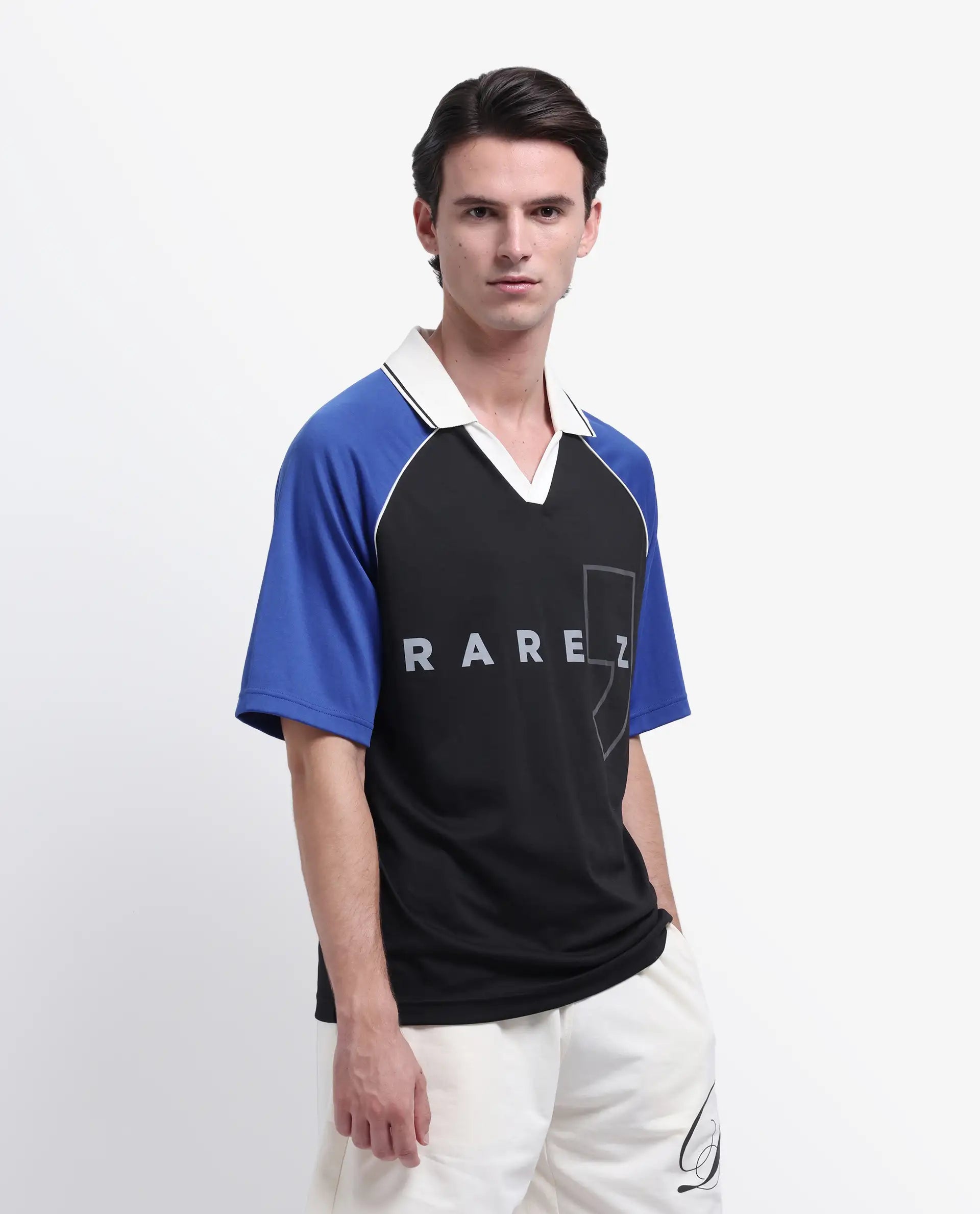 Rare Rabbit Men's Skot Black Polyester Blend Graphic Print Oversized Fit Half Sleeve Polo